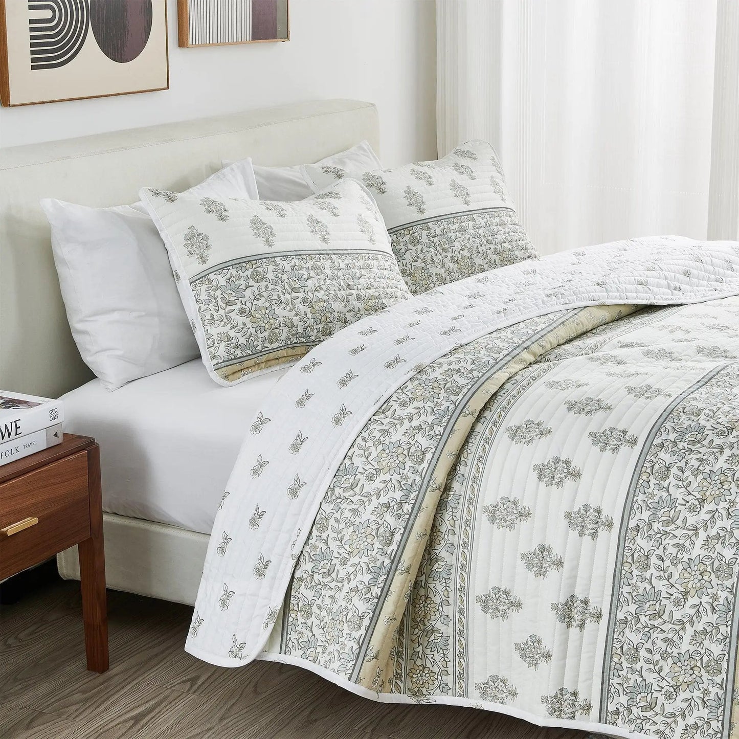 Floral Striped Microfiber Quilt Set - Hermine Collection from PriceLows™
