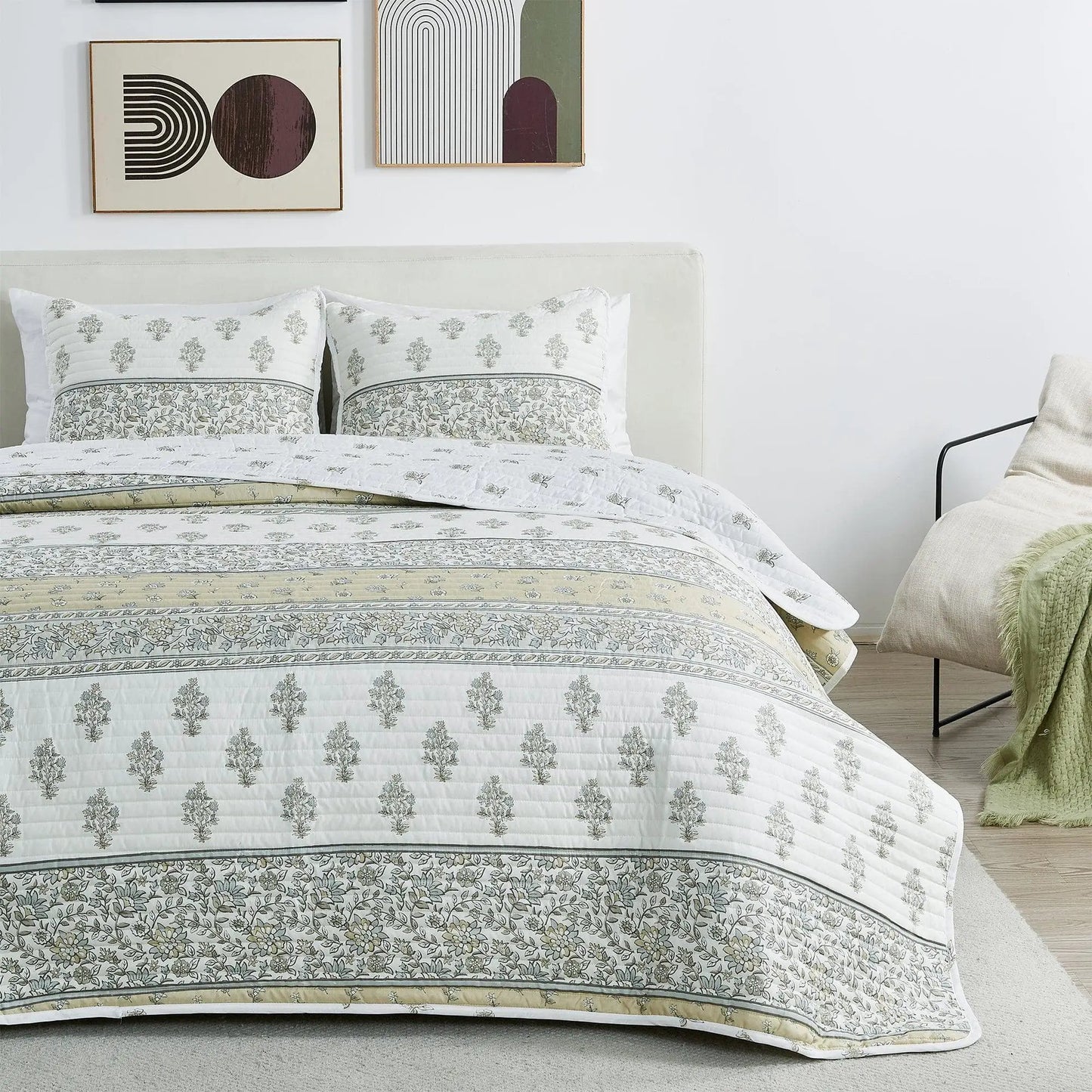 Floral Striped Microfiber Quilt Set - Hermine Collection from PriceLows™
