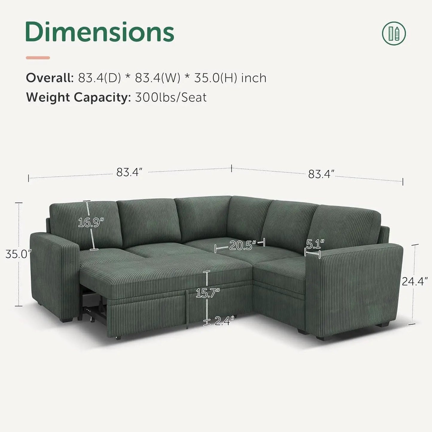Green Corduroy Sectional Sleeper Sofa With Storage from PriceLows™