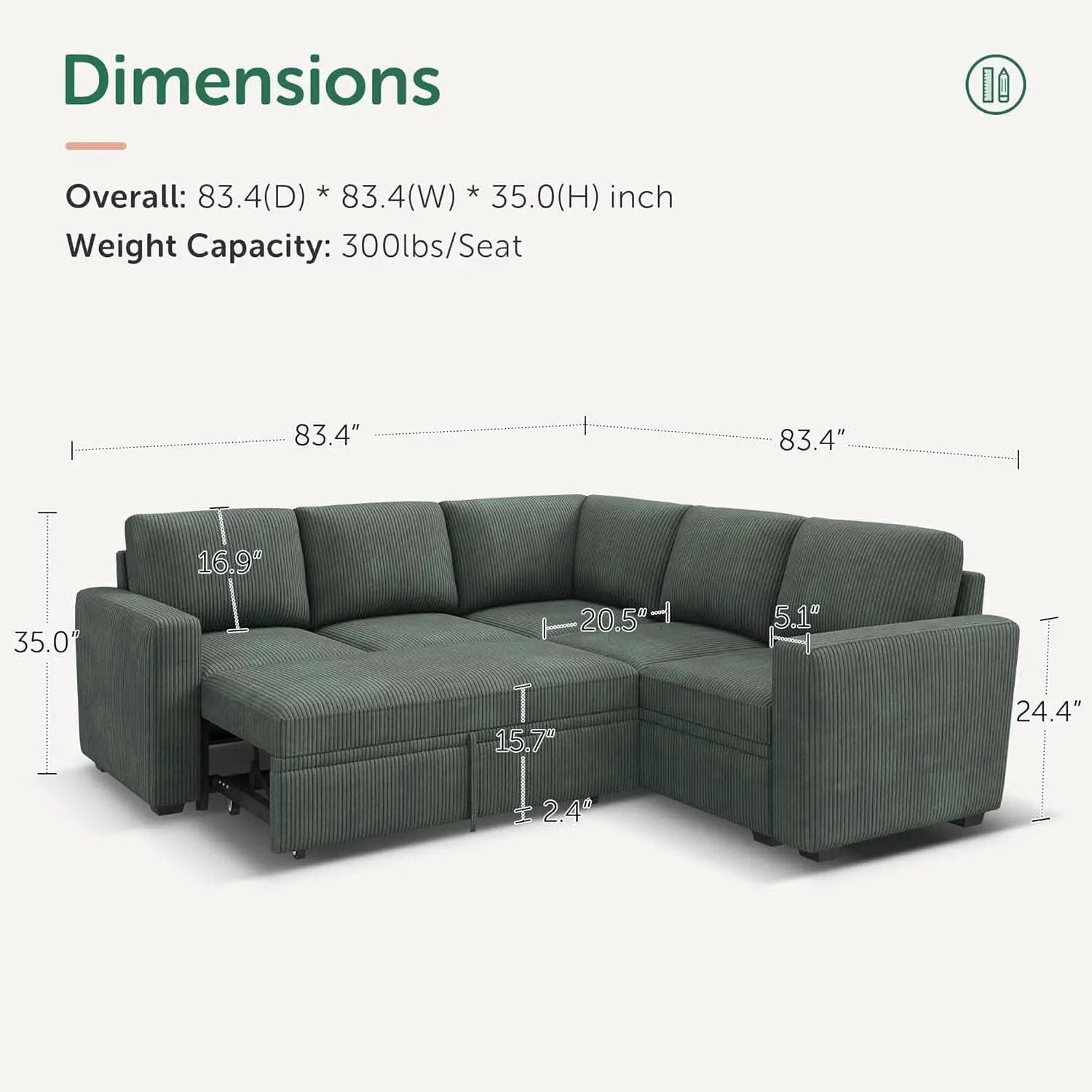 Green Corduroy Sectional Sleeper Sofa With Storage from PriceLows™