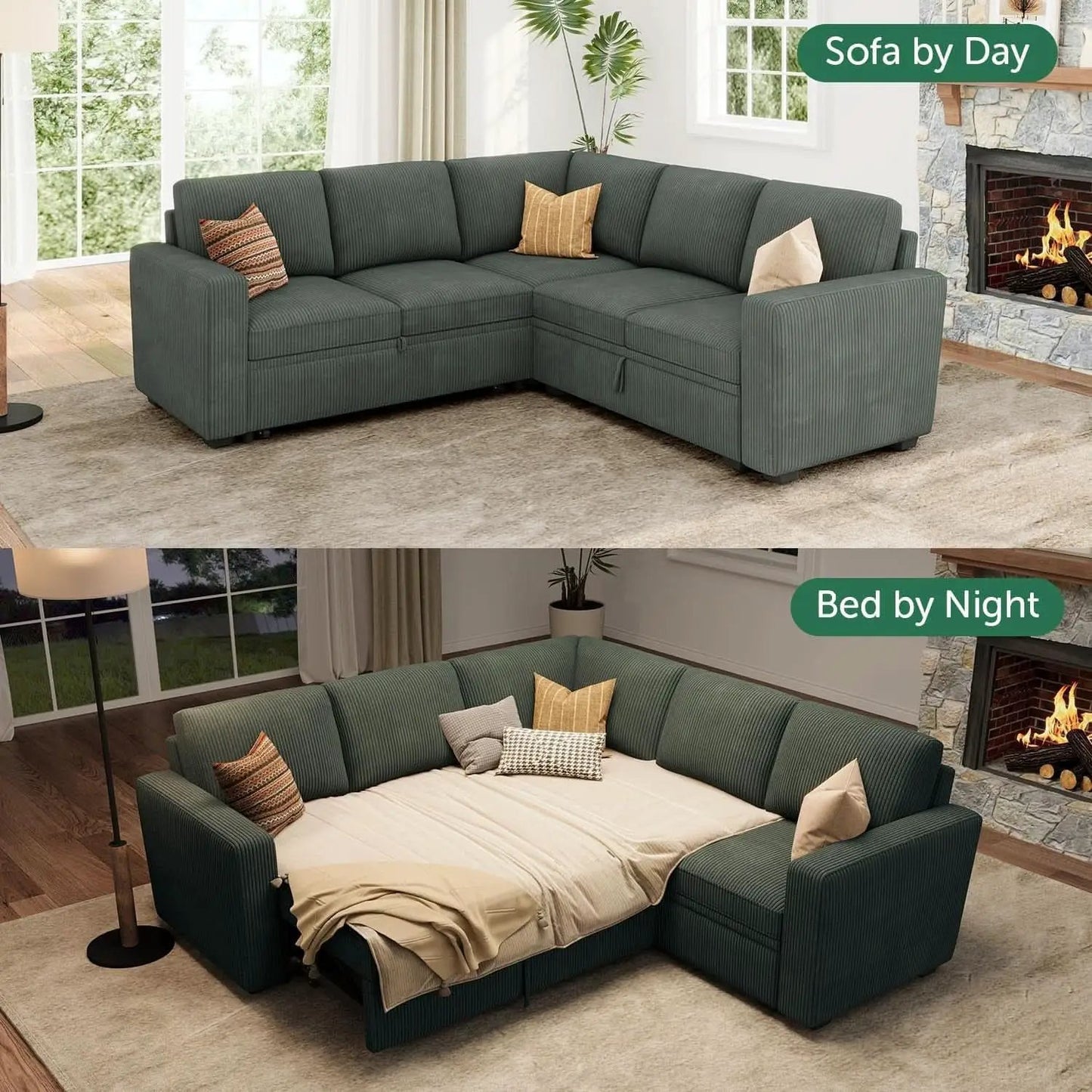 Green Corduroy Sectional Sleeper Sofa With Storage from PriceLows™