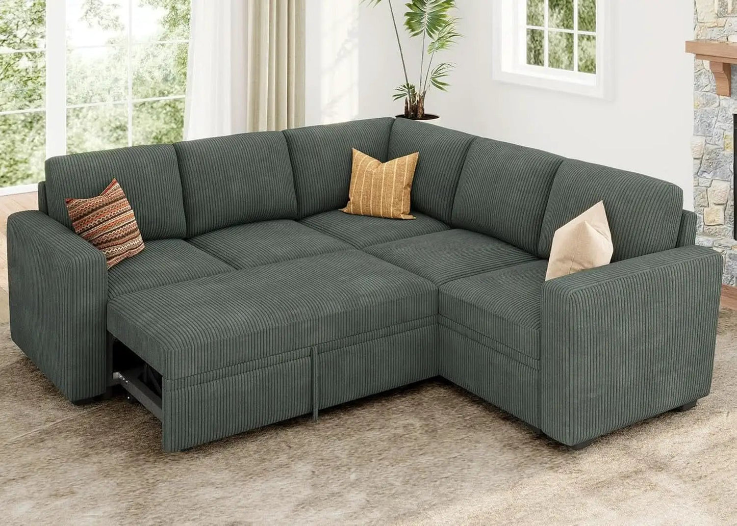 Green Corduroy Sectional Sleeper Sofa With Storage from PriceLows™
