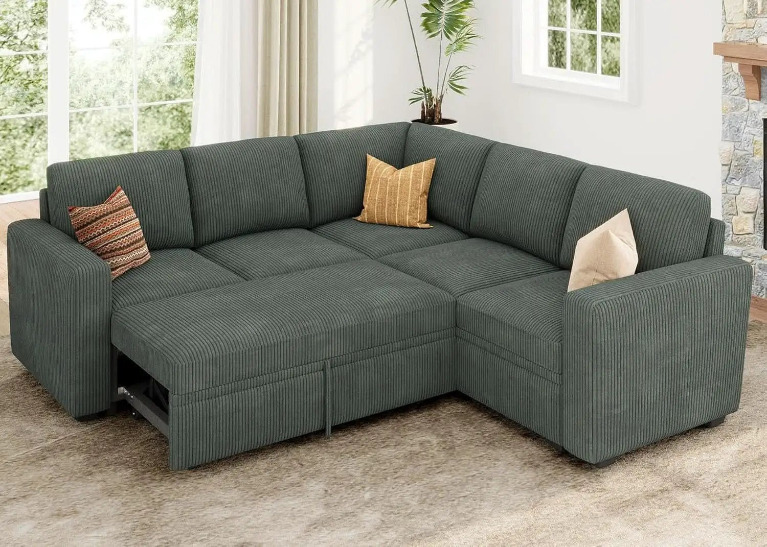 Green Corduroy Sectional Sleeper Sofa With Storage from PriceLows™
