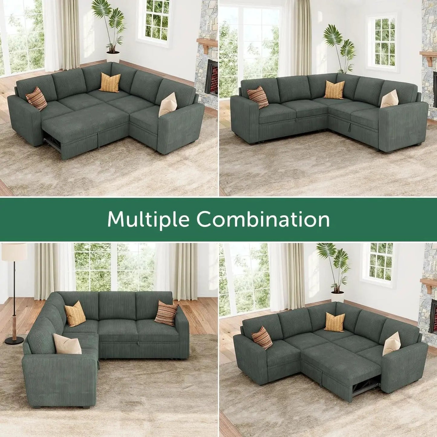 Green Corduroy Sectional Sleeper Sofa With Storage from PriceLows™