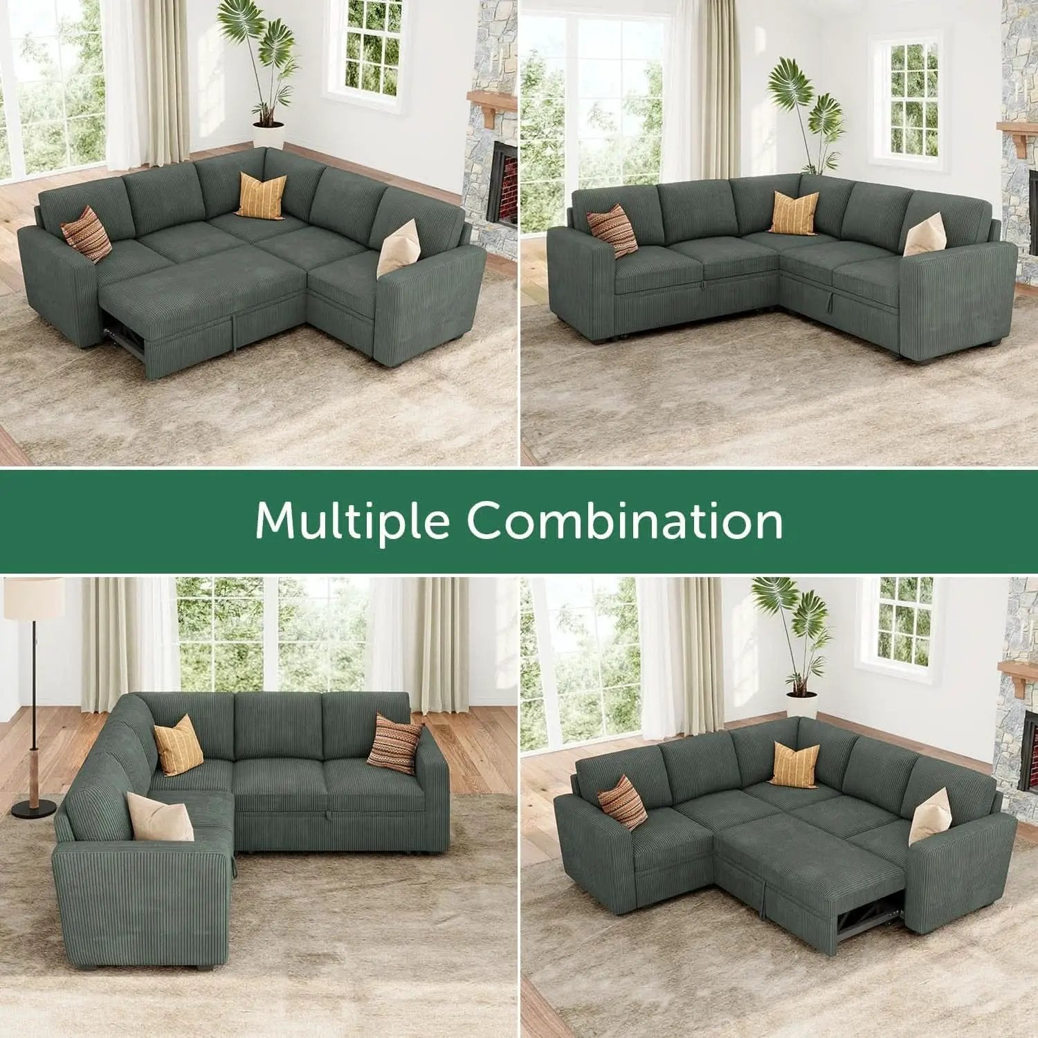 Green Corduroy Sectional Sleeper Sofa With Storage from PriceLows™