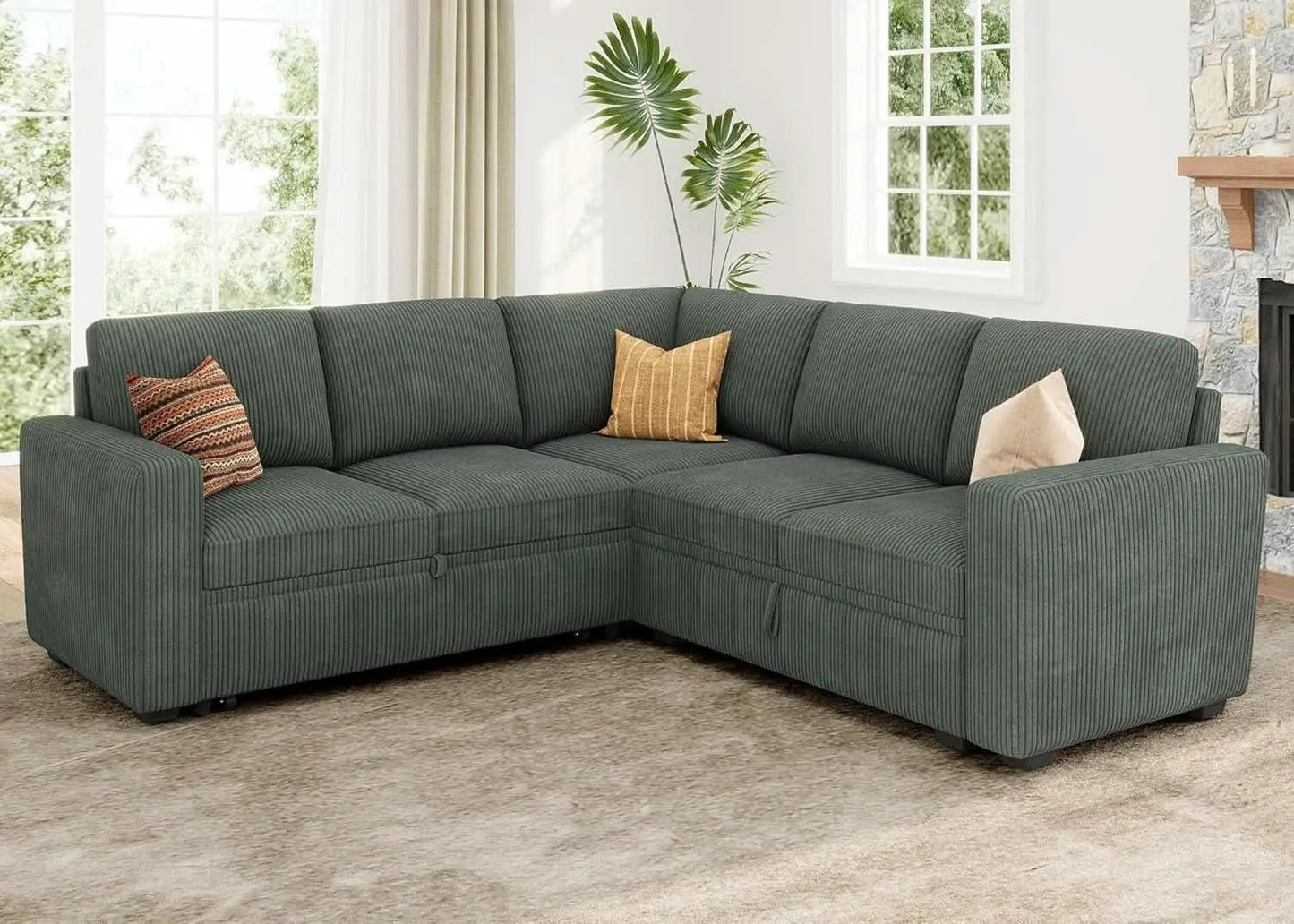 Green Corduroy Sectional Sleeper Sofa With Storage from PriceLows™