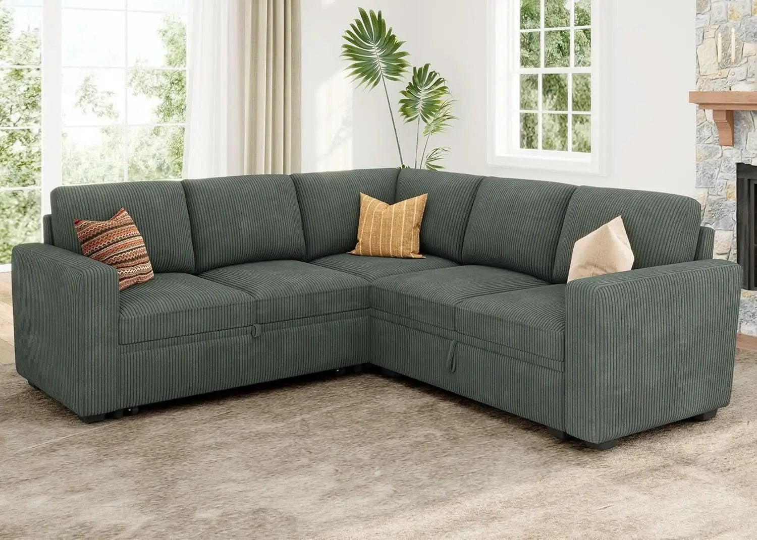 Green Corduroy Sectional Sleeper Sofa With Storage from PriceLows™