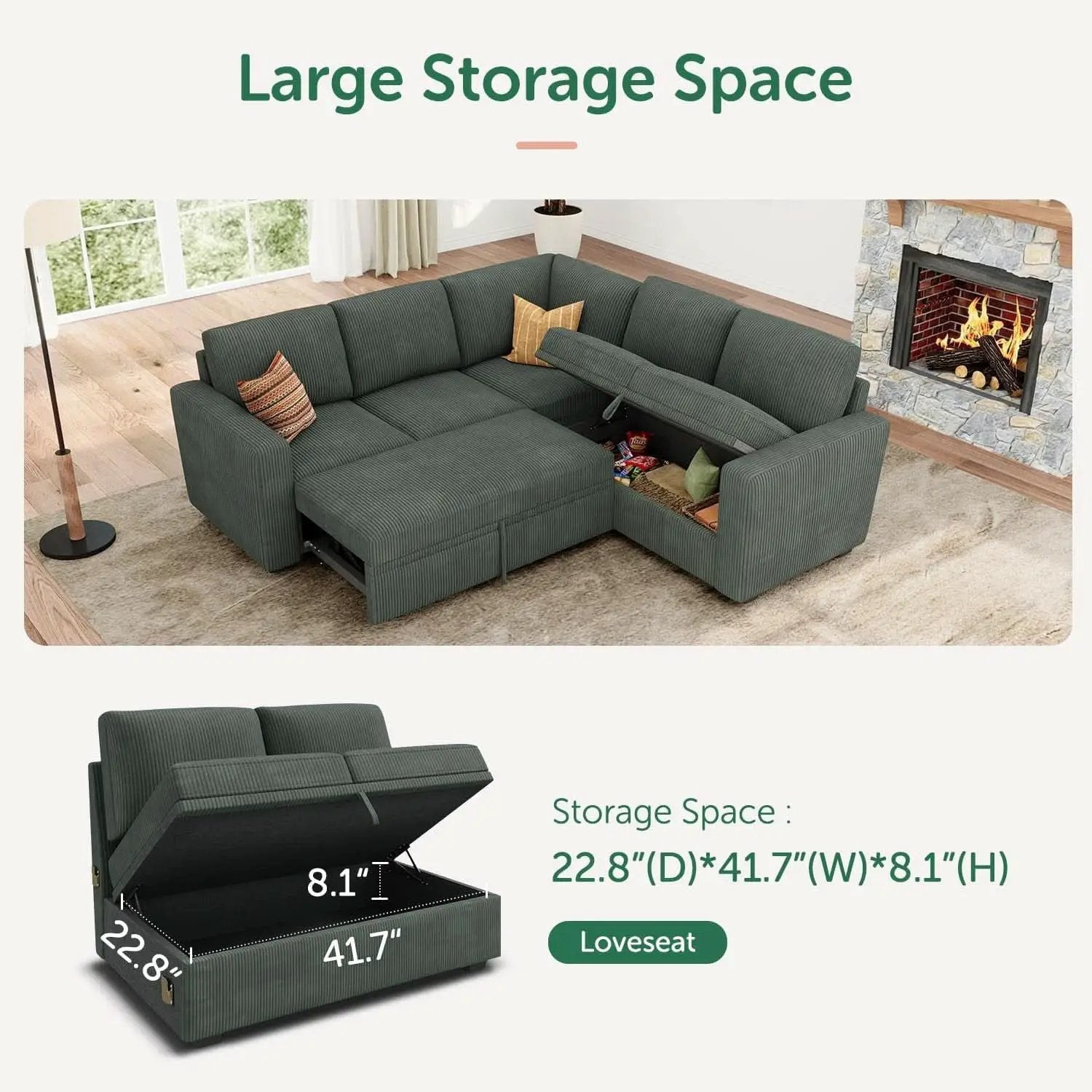 Green Corduroy Sectional Sleeper Sofa With Storage from PriceLows™