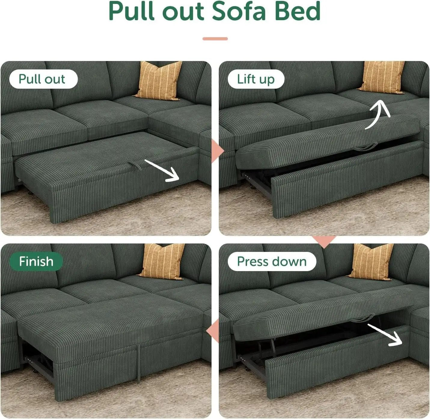 Green Corduroy Sectional Sleeper Sofa With Storage from PriceLows™