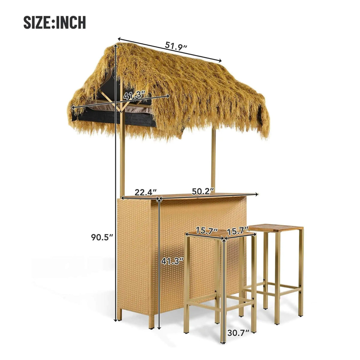 3-Piece Hawaiian Bar-Height Patio Set With Grass Canopy And Stools | 3-Piece | Acacia Wood | Outdoor Furniture Set