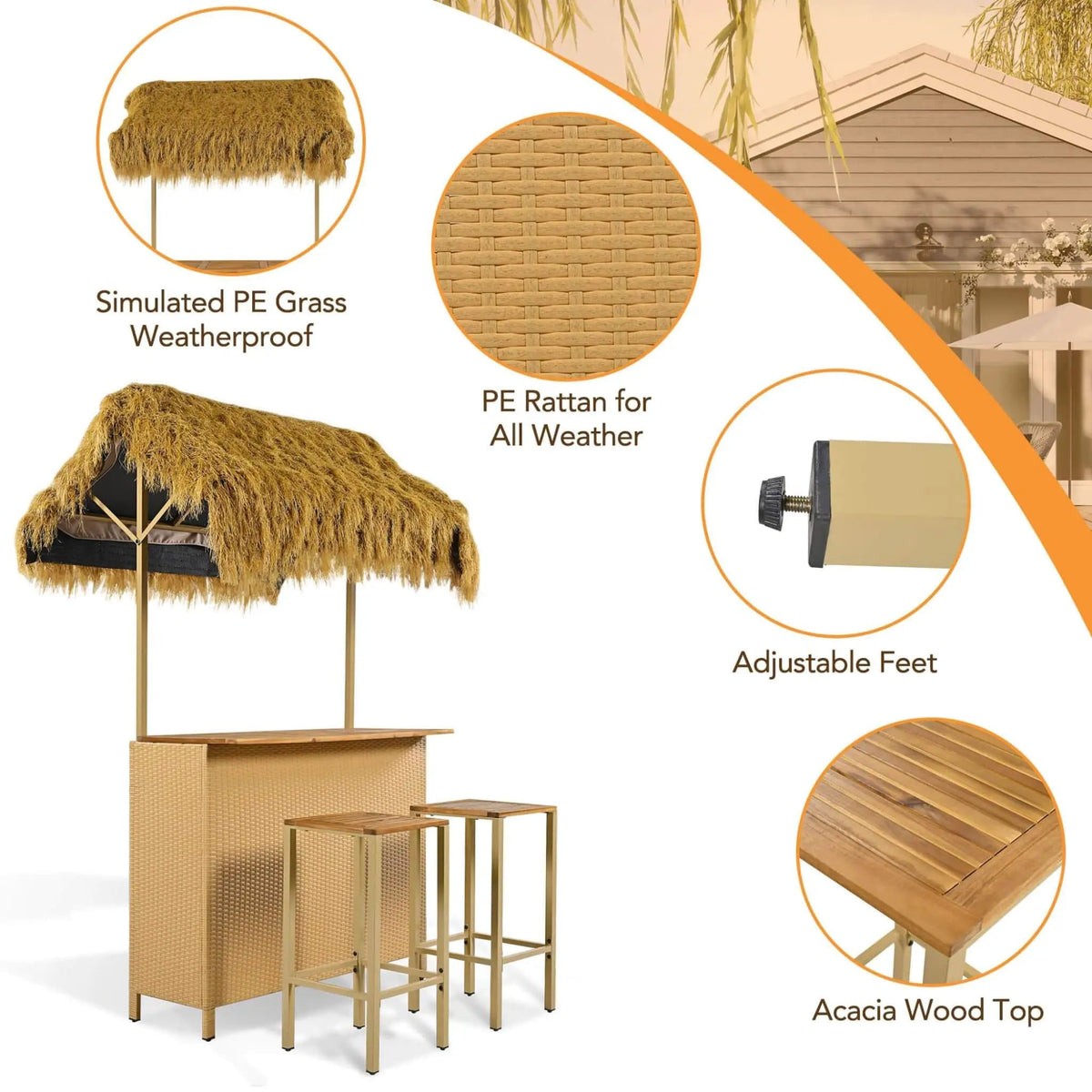 3-Piece Hawaiian Bar-Height Patio Set With Grass Canopy And Stools | 3-Piece | Acacia Wood | Outdoor Furniture Set