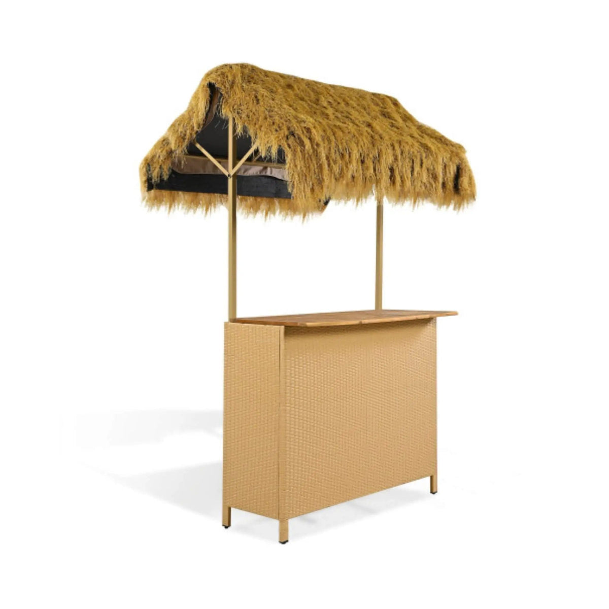 3-Piece Hawaiian Bar-Height Patio Set With Grass Canopy And Stools | 3-Piece | Acacia Wood | Outdoor Furniture Set