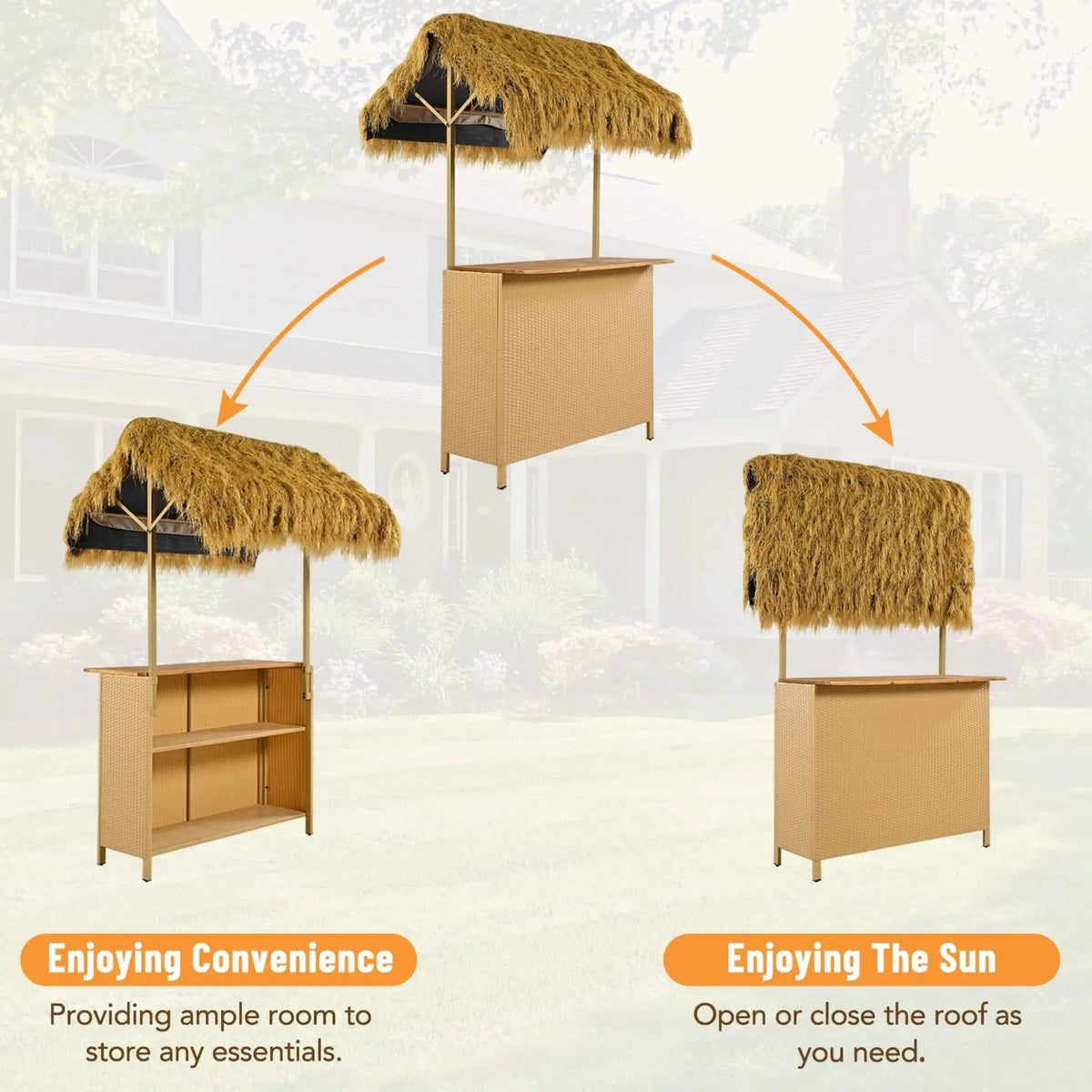 3-Piece Hawaiian Bar-Height Patio Set With Grass Canopy And Stools | 3-Piece | Acacia Wood | Outdoor Furniture Set
