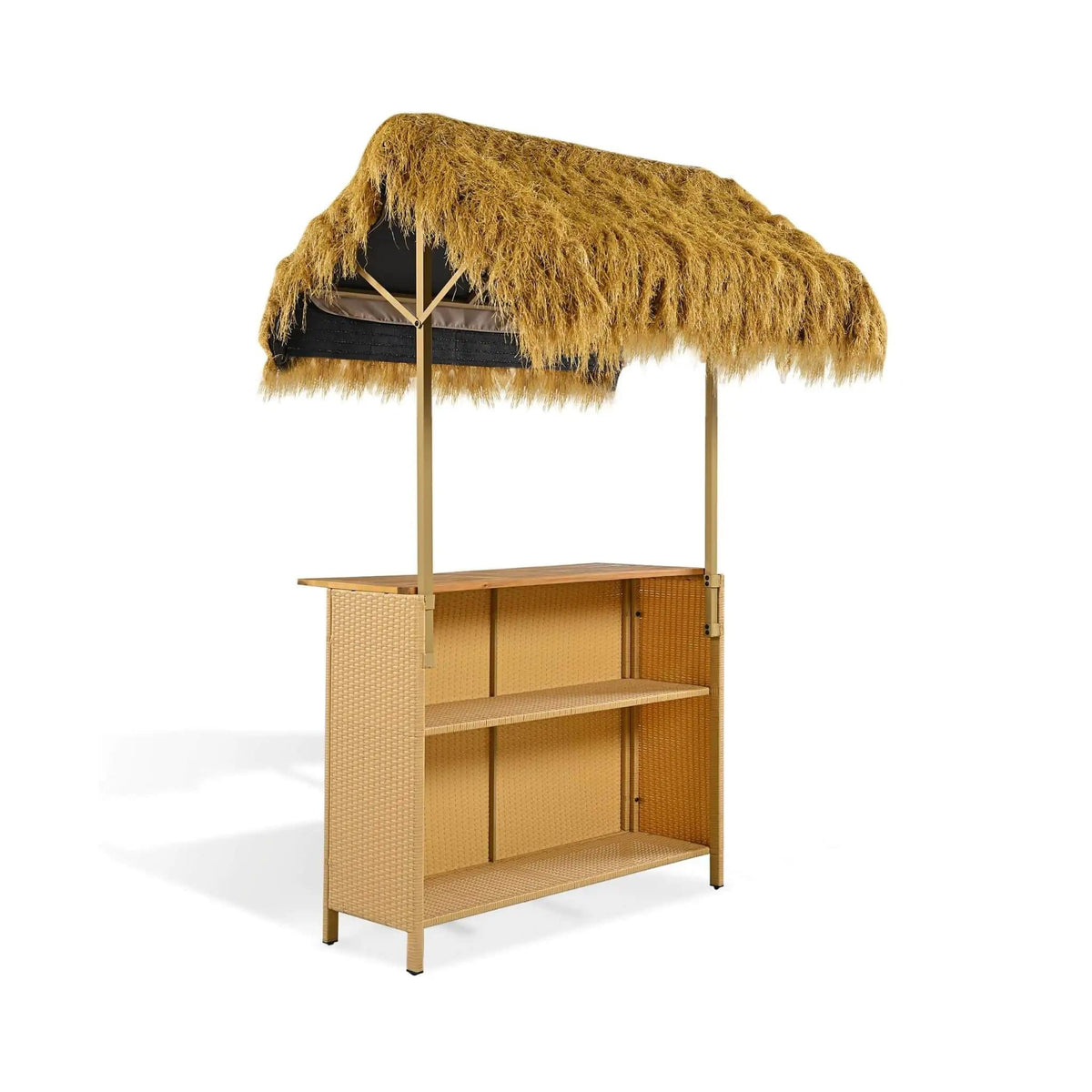 3-Piece Hawaiian Bar-Height Patio Set With Grass Canopy And Stools | 3-Piece | Acacia Wood | Outdoor Furniture Set