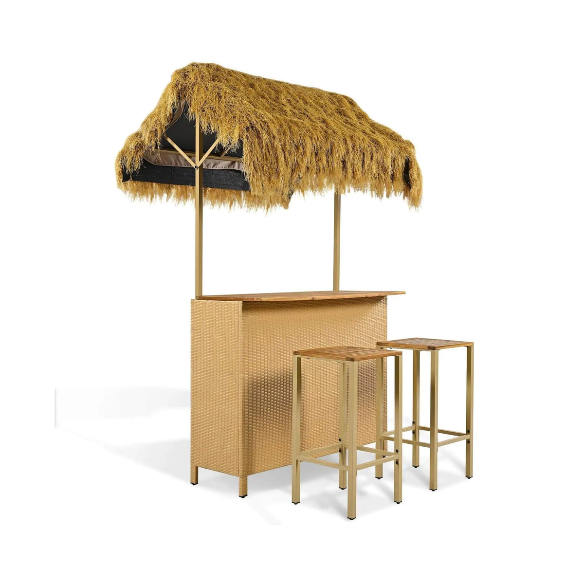 3-Piece Hawaiian Bar-Height Patio Set With Grass Canopy And Stools | 3-Piece | Acacia Wood | Outdoor Furniture Set