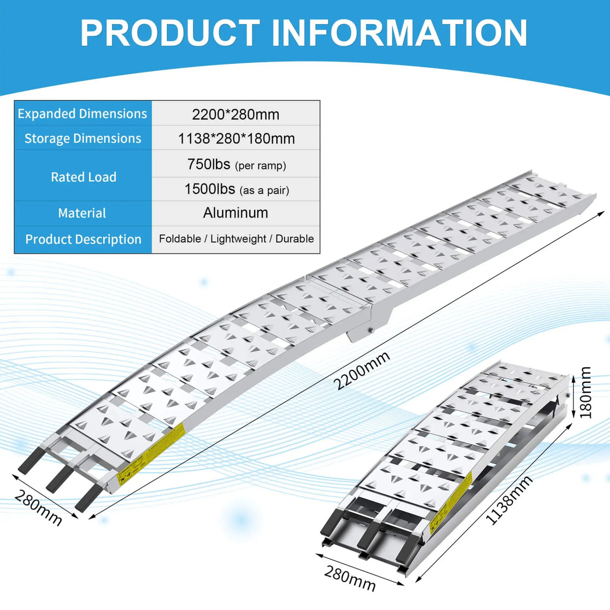 Folding Aluminum Loading Ramps | 7.5FT Length | 1500 Lb Capacity Per Pair | Non-Slip Textured Surface