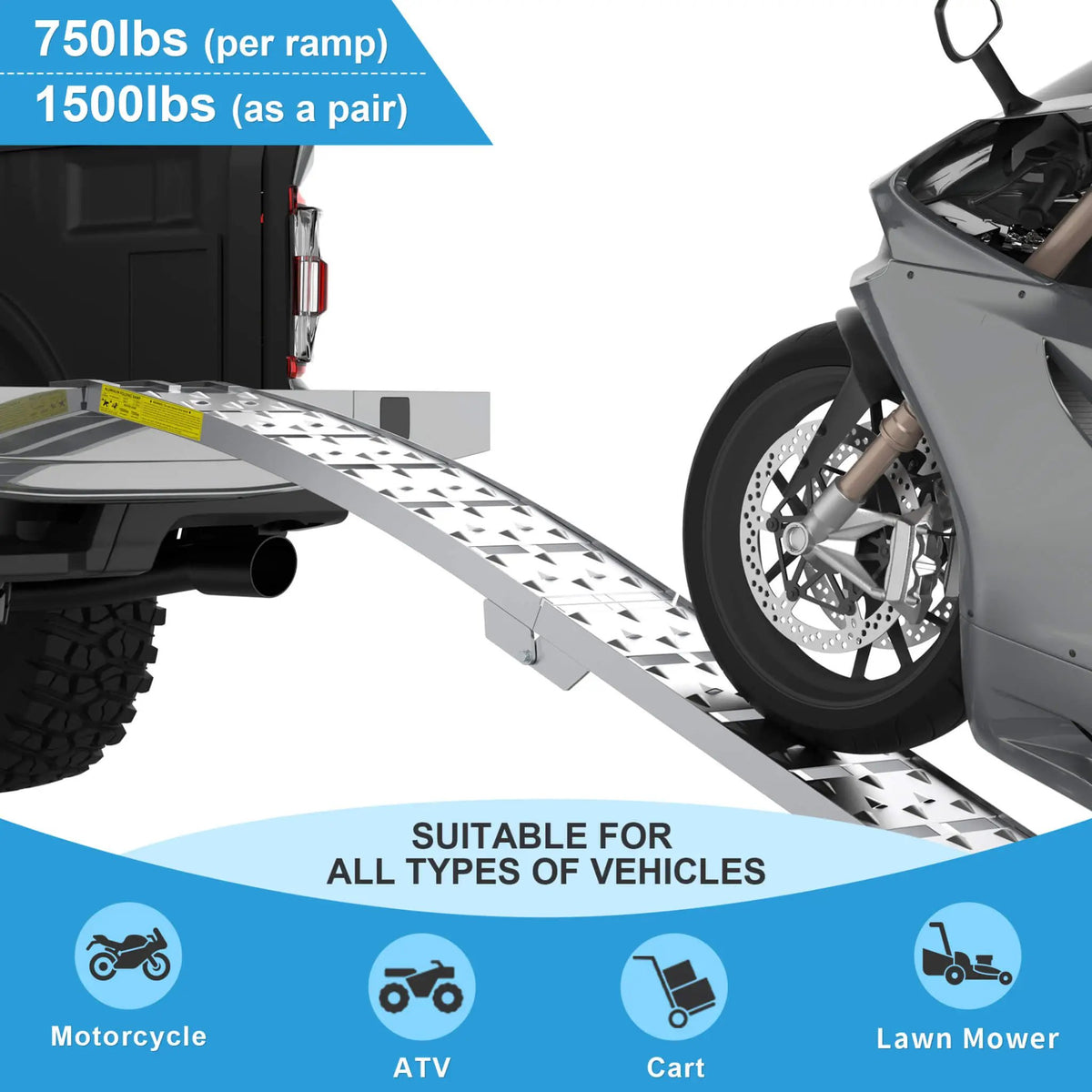 Folding Aluminum Loading Ramps | 7.5FT Length | 1500 Lb Capacity Per Pair | Non-Slip Textured Surface