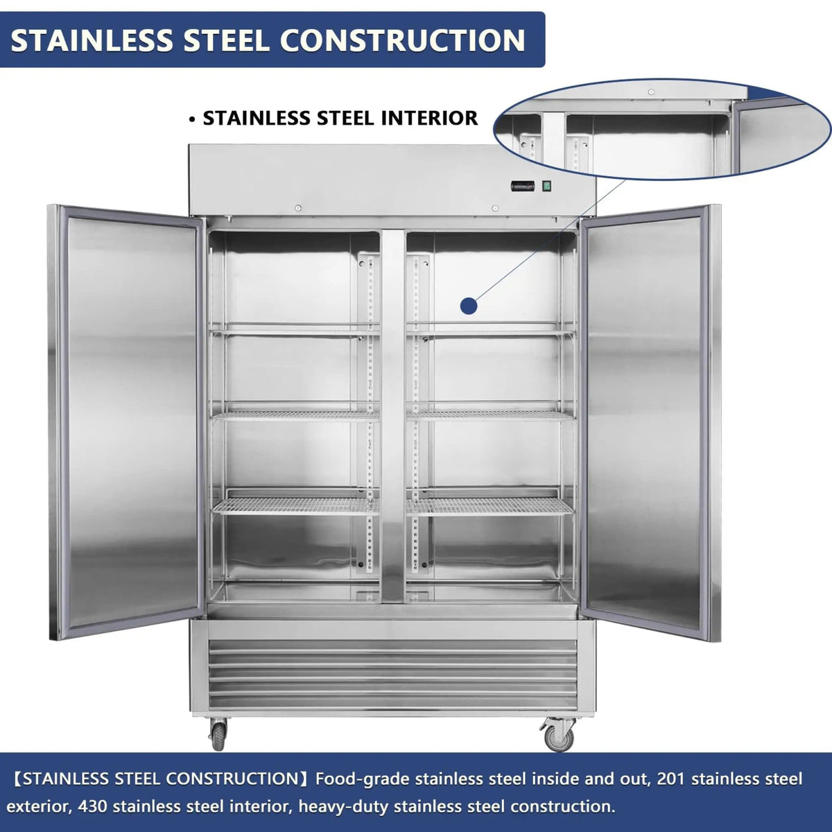 Heavy-Duty 54-Inch Stainless Steel 2-Door Reach-In Upright Commercial Freezer | 54 Inch | 2-Door | Refrigerator