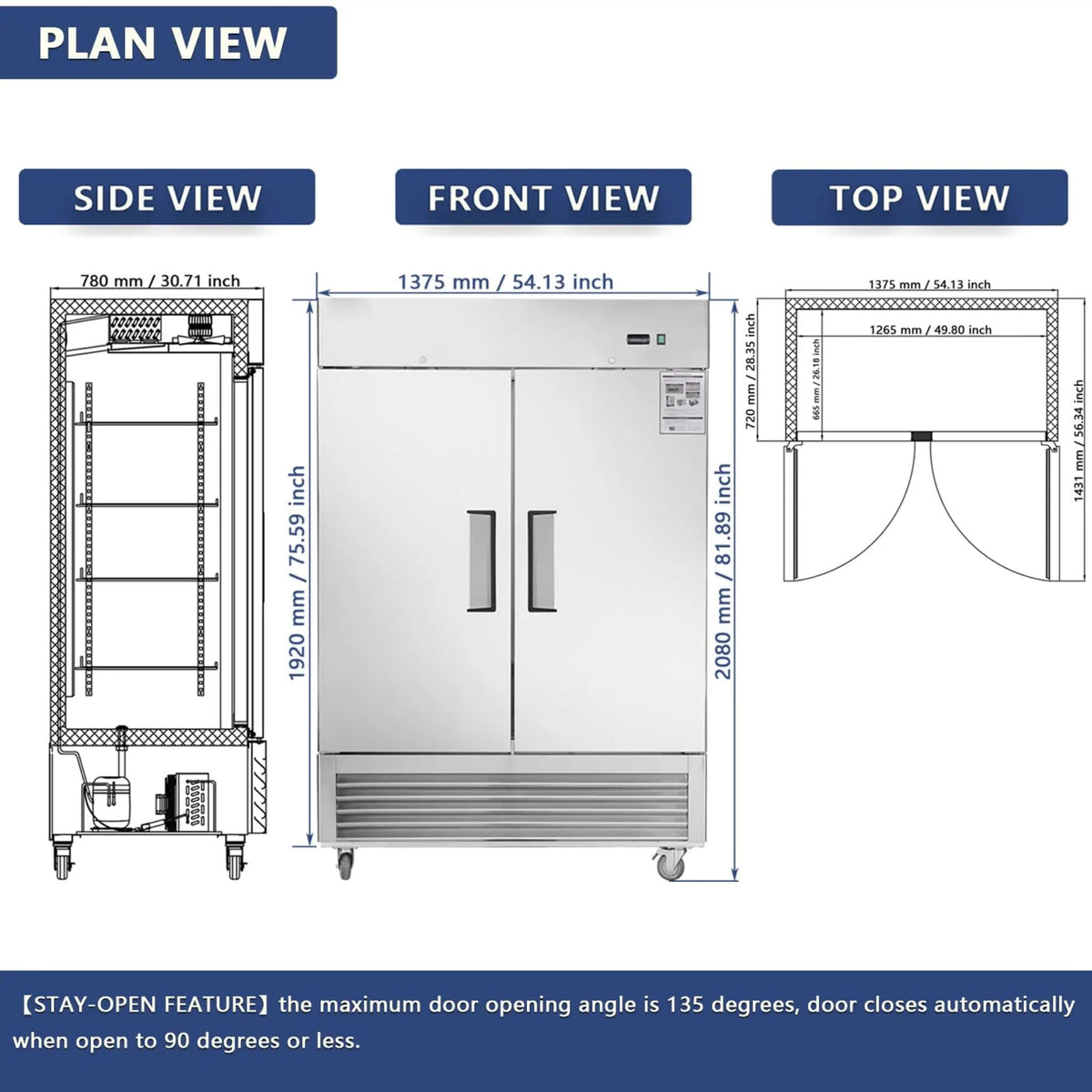 Heavy-Duty 54-Inch Stainless Steel 2-Door Reach-In Upright Commercial Freezer | 54 Inch | 2-Door | Refrigerator