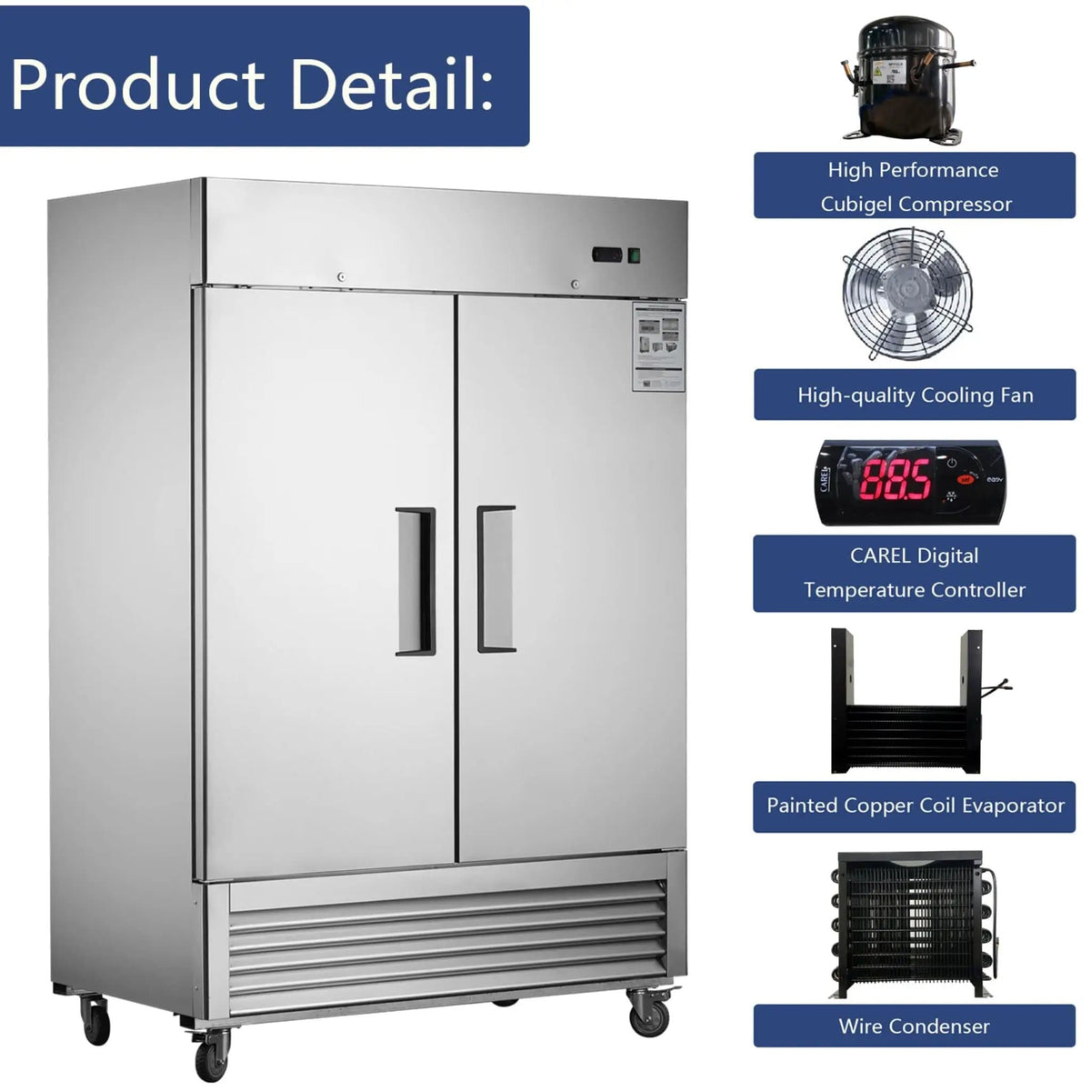Heavy-Duty 54-Inch Stainless Steel 2-Door Reach-In Upright Commercial Freezer | 54 Inch | 2-Door | Refrigerator