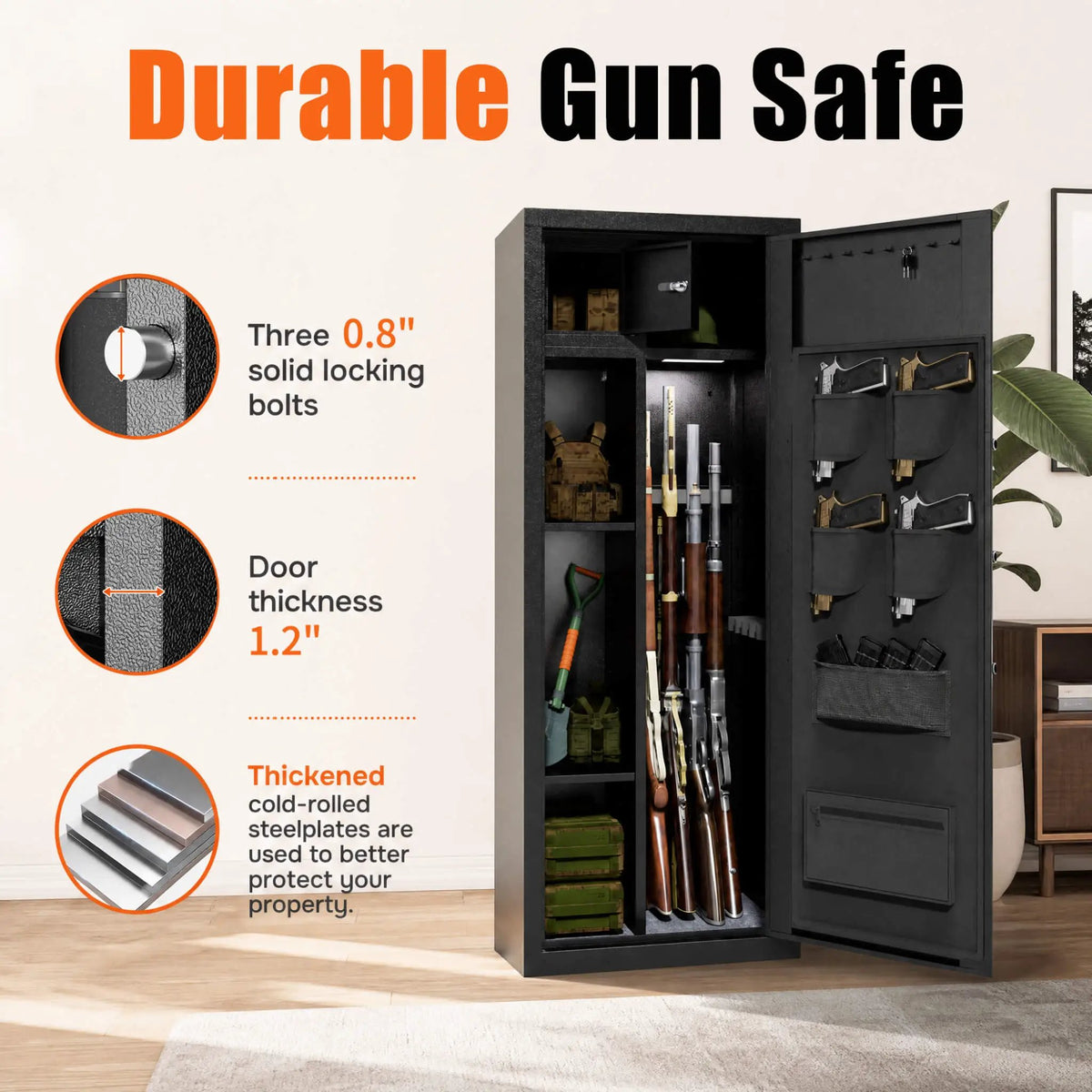 8-Gun Fingerprint Lock Safe | Heavy-Duty 13-Gauge Steel | Keypad And Alarm | Rifle And Pistol Storage