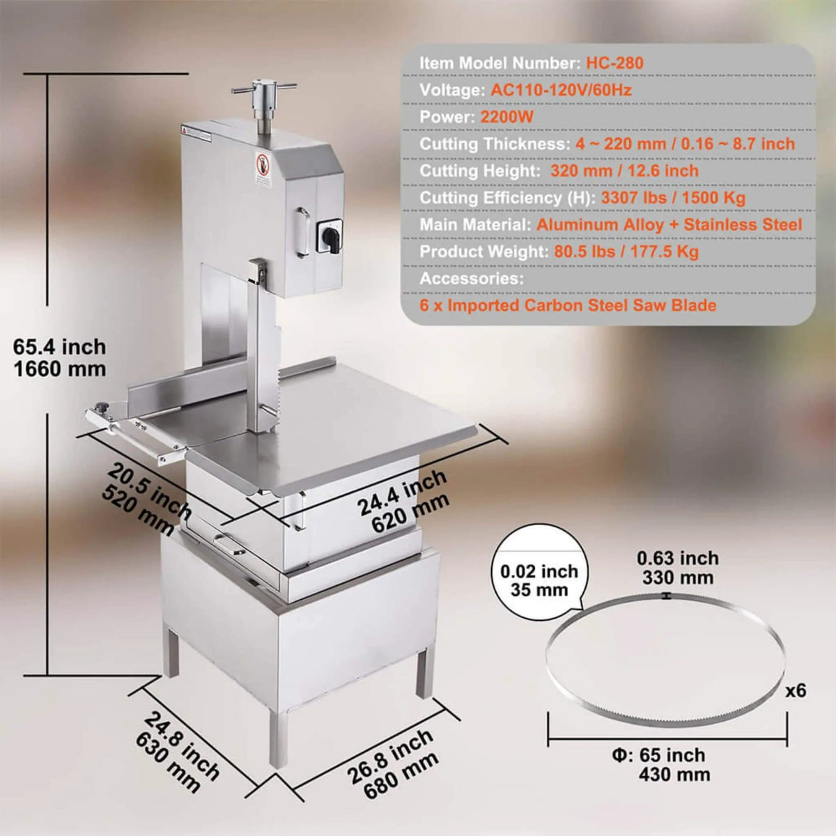 Heavy Duty Commercial 2200W Electric Meat Bone Saw Cutting Band Machine With 6 Saw | 2200 Watt | Stainless Steel | Bone Band Saw