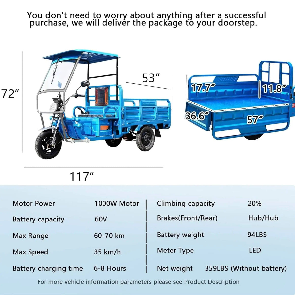 Heavy-Duty 1000W Electric Cargo Tricycle With Canopy | 1000 Watt | Home Use | Home