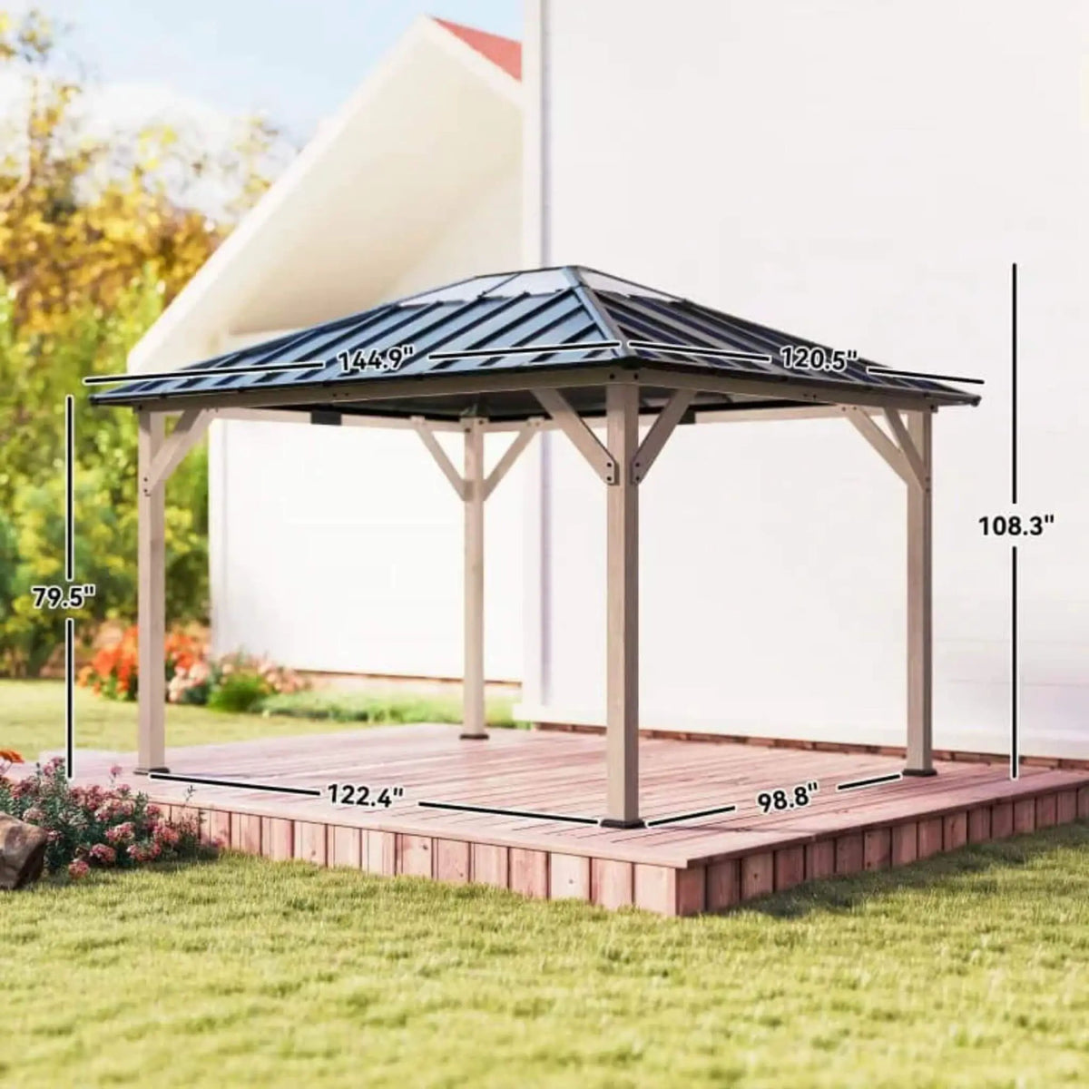 Hardtop Gazebo | Heavy-Duty Fir Wood Frame | Galvanized Steel Roof | Ceiling Hooks