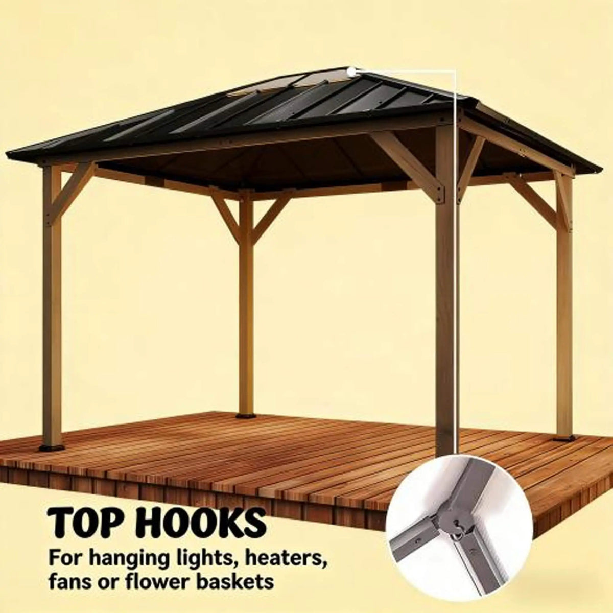 Hardtop Gazebo | Heavy-Duty Fir Wood Frame | Galvanized Steel Roof | Ceiling Hooks