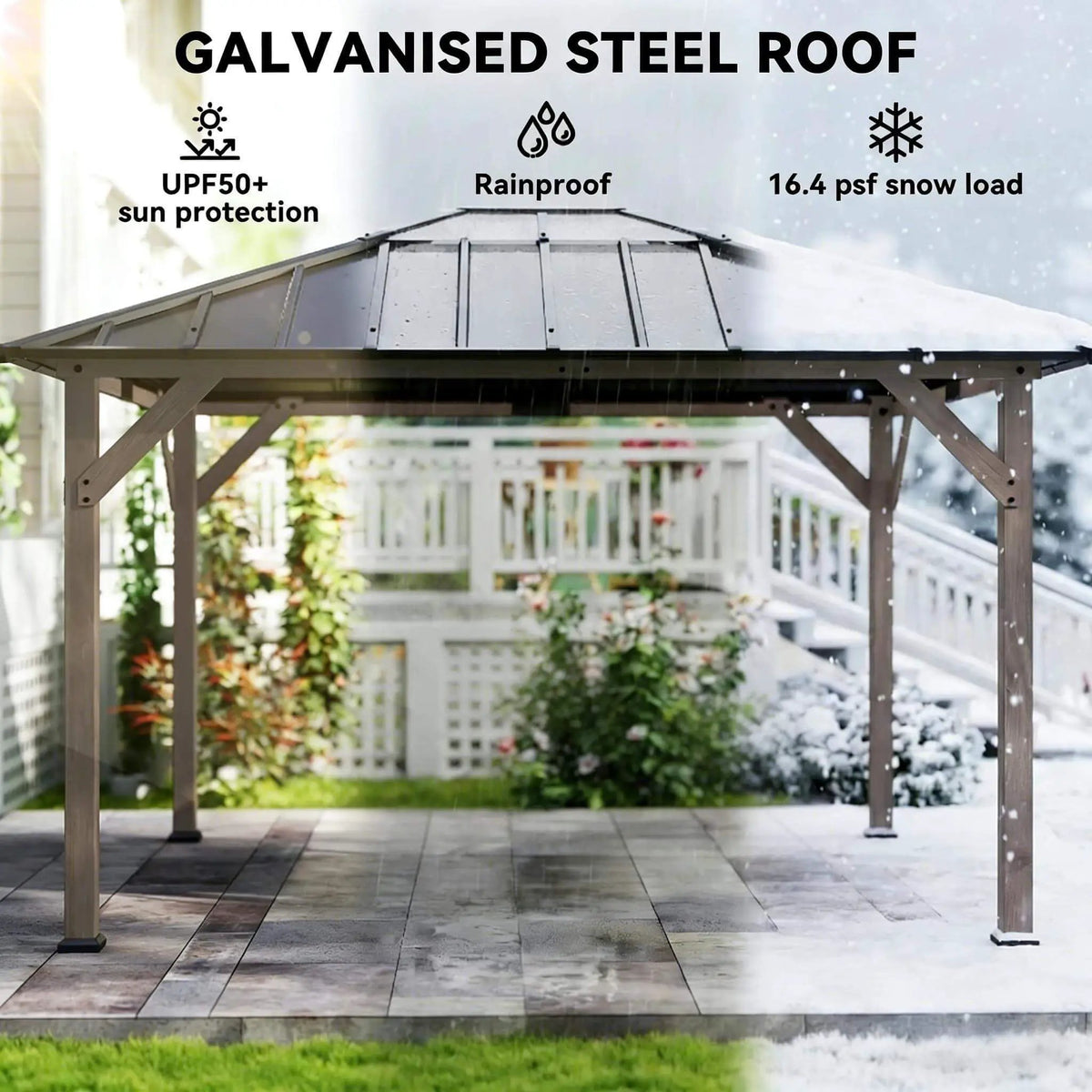 Hardtop Gazebo | Heavy-Duty Fir Wood Frame | Galvanized Steel Roof | Ceiling Hooks