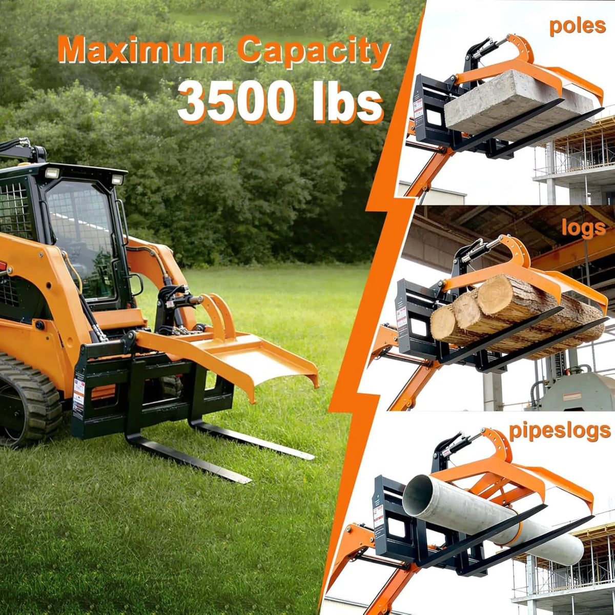 Heavy-Duty Fork Grapple Skid Steer Attachment With Universal Quick Attach | Steel | Home Use | Home