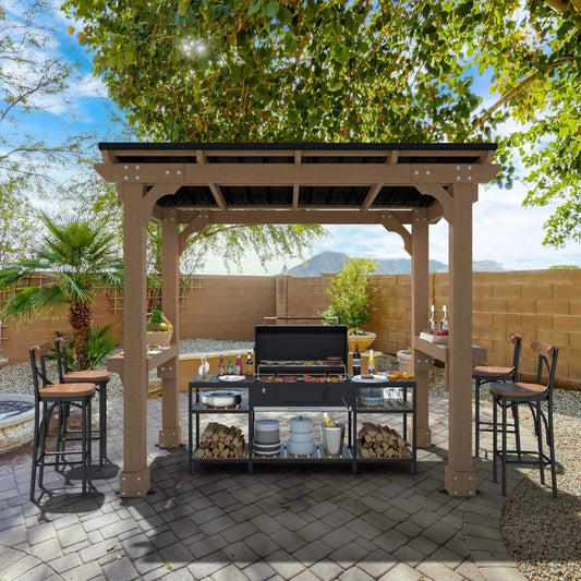Heavy-Duty Premium Wooden Grill Gazebo With Sloped Metal Roof | Metal | Home Use | Home