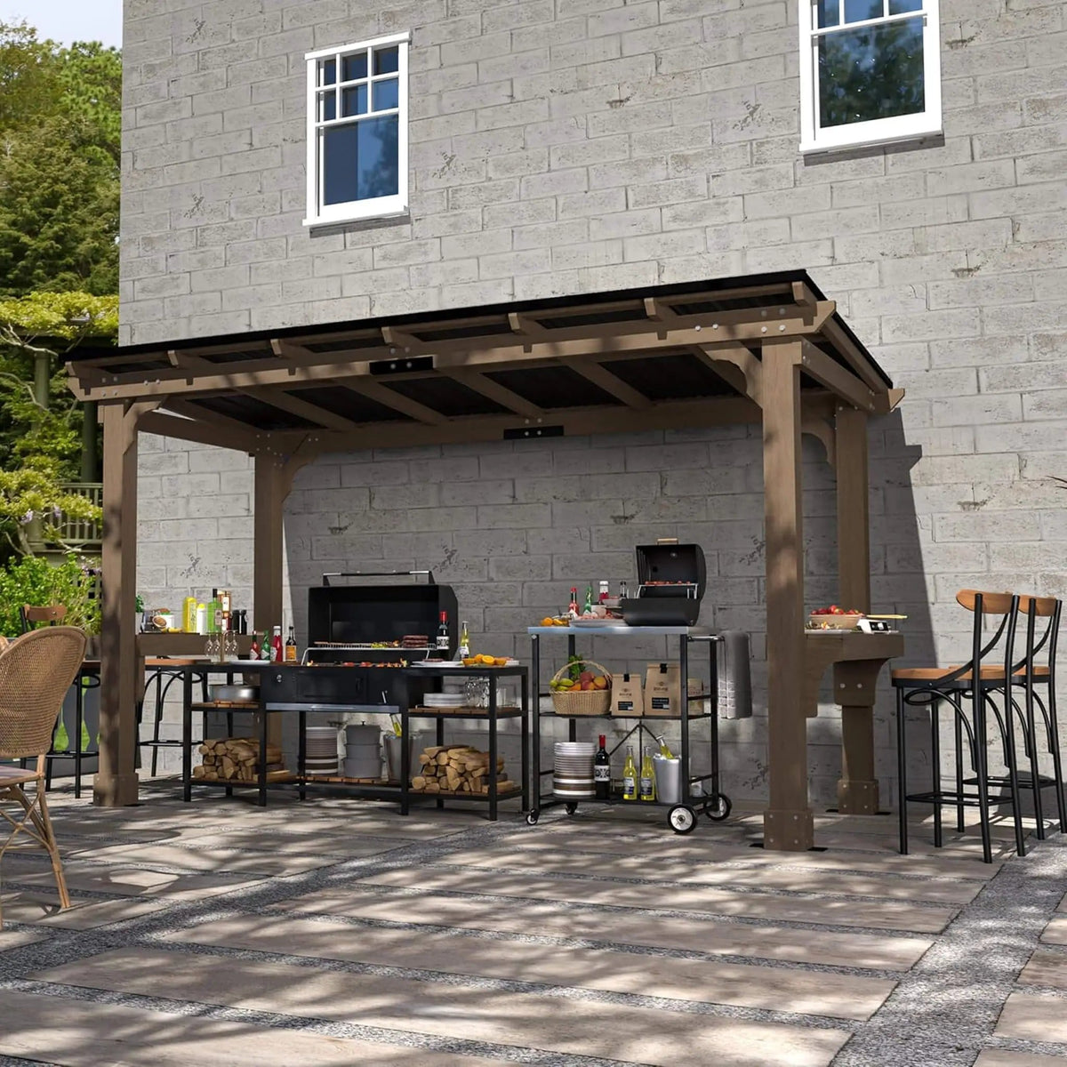 Heavy-Duty Premium Wooden Grill Gazebo With Sloped Metal Roof | Metal | Home Use | Home