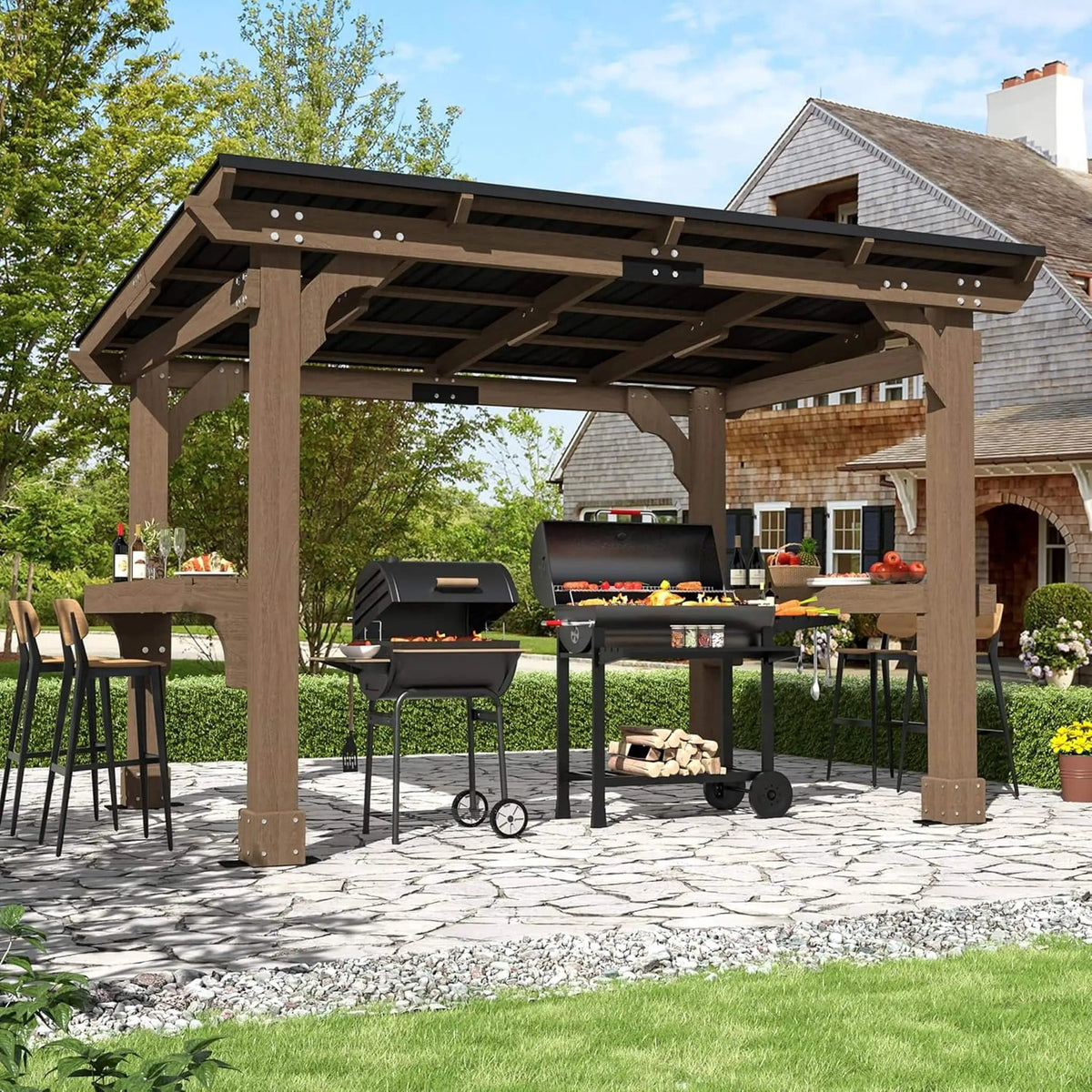 Heavy-Duty Premium Wooden Grill Gazebo With Sloped Metal Roof | Metal | Home Use | Home