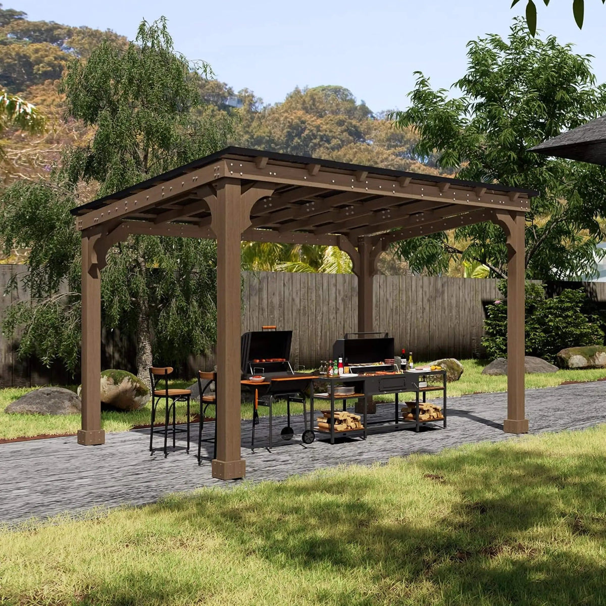 Heavy-Duty Premium Wooden Grill Gazebo With Sloped Metal Roof | Metal | Home Use | Home