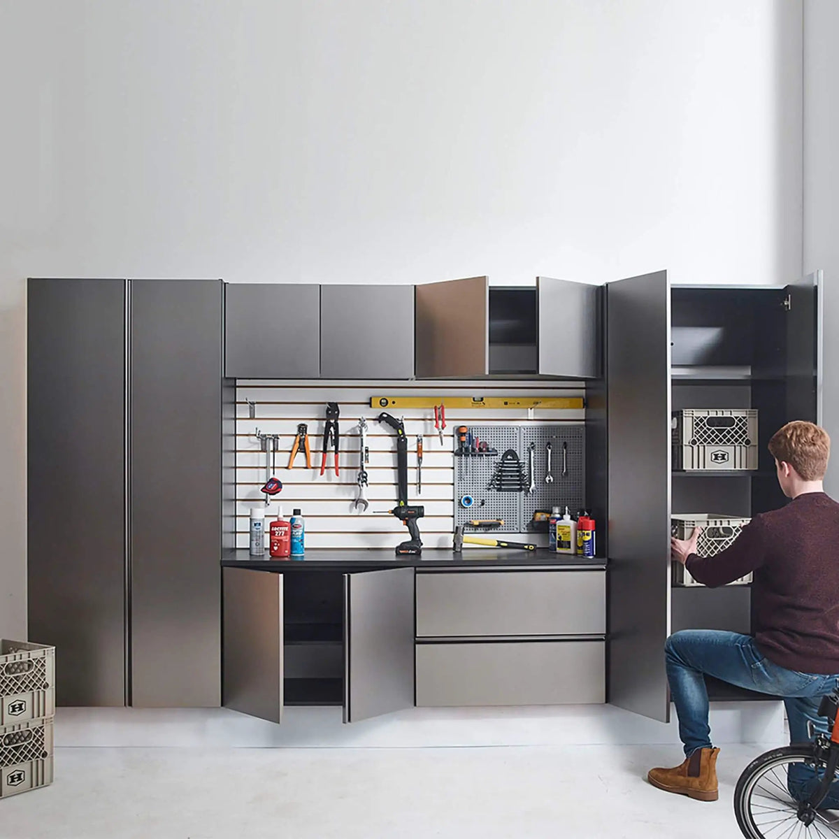 Wall-Mounted Garage Cabinet Set | Metallic Gray Finish | Soft Closing Doors | Drawers