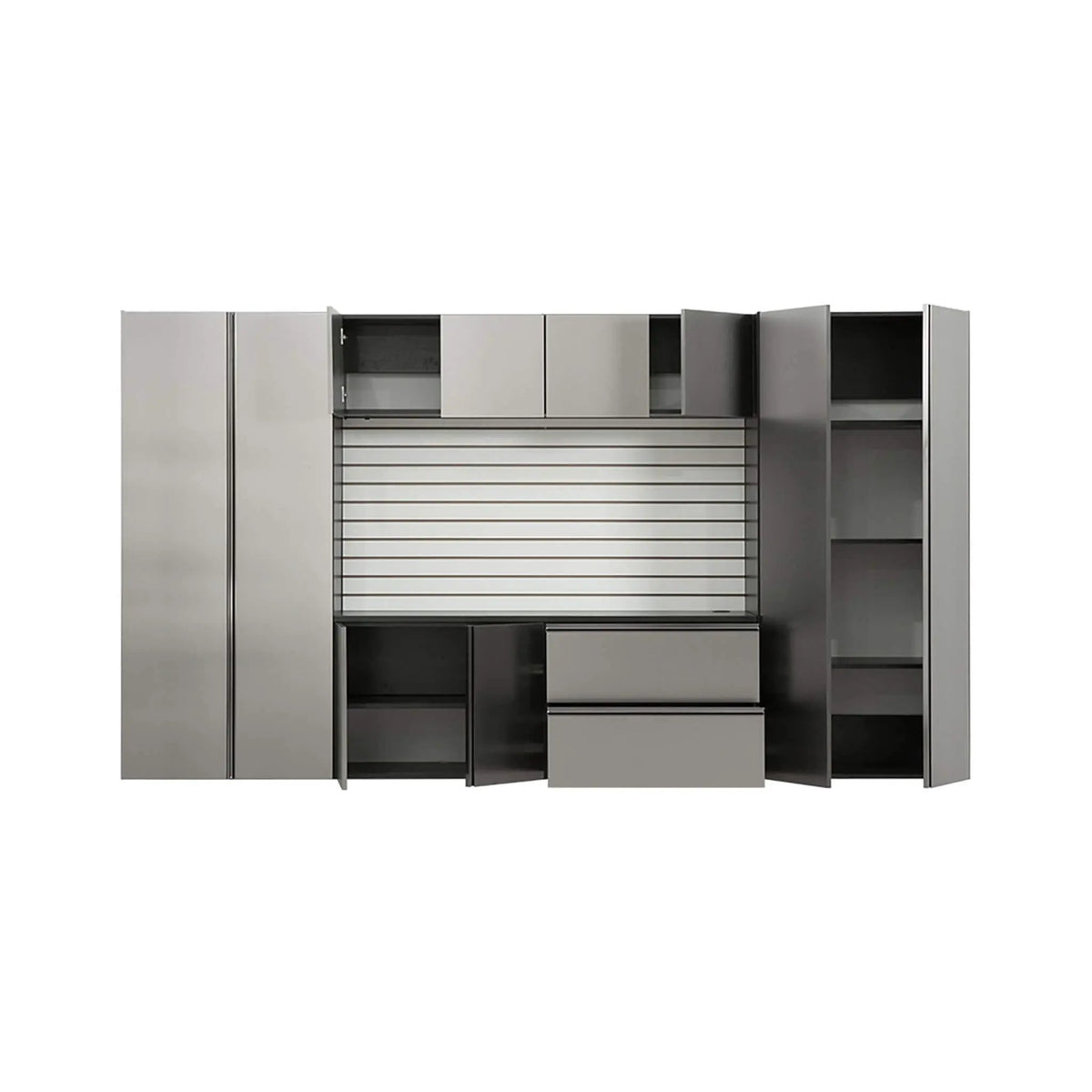 Wall-Mounted Garage Cabinet Set | Metallic Gray Finish | Soft Closing Doors | Drawers