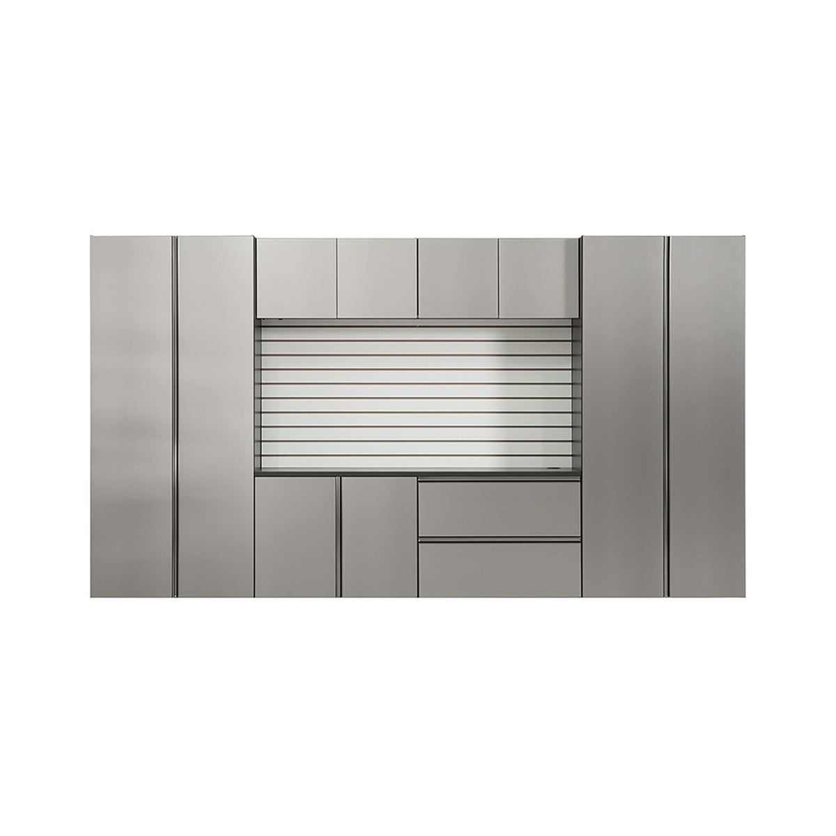Wall-Mounted Garage Cabinet Set | Metallic Gray Finish | Soft Closing Doors | Drawers