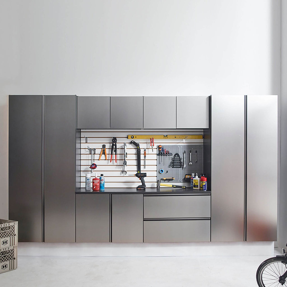 Wall-Mounted Garage Cabinet Set | Metallic Gray Finish | Soft Closing Doors | Drawers