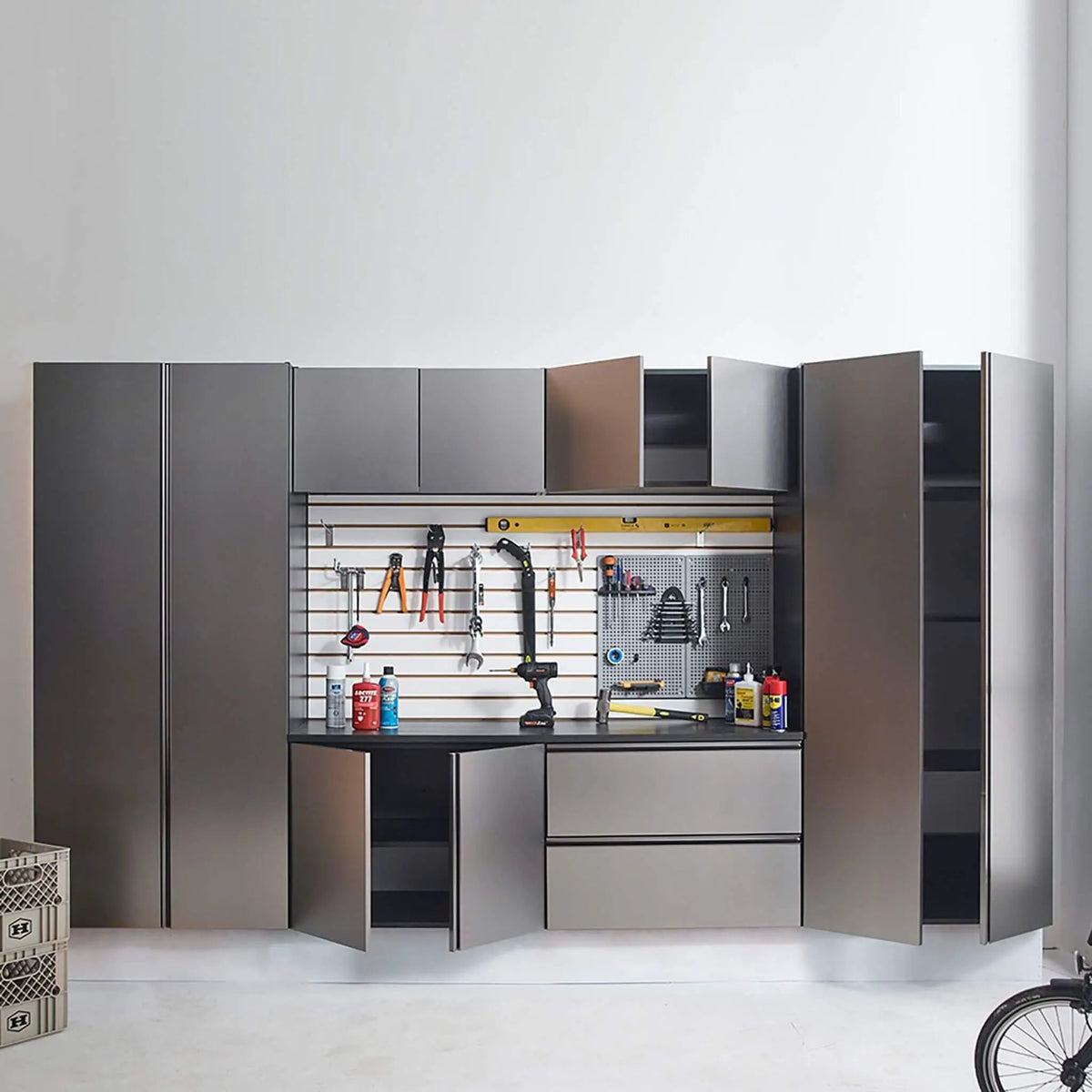 Wall-Mounted Garage Cabinet Set | Metallic Gray Finish | Soft Closing Doors | Drawers