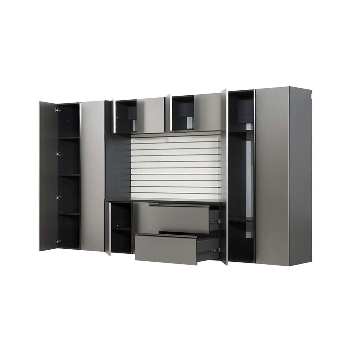Wall-Mounted Garage Cabinet Set | Metallic Gray Finish | Soft Closing Doors | Drawers