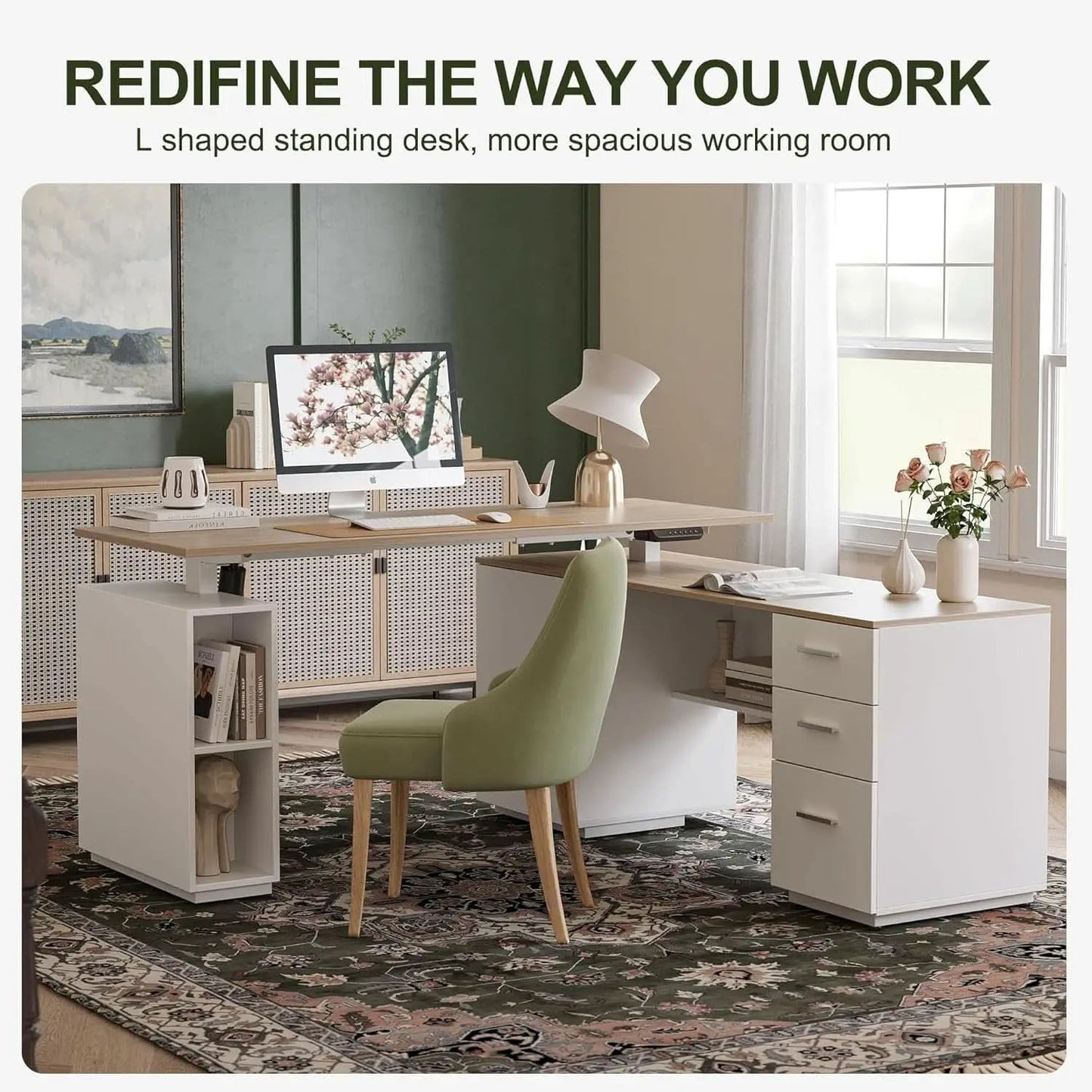 Height Adjustable L Shaped Electric Standing Desk With Storage from PriceLows™
