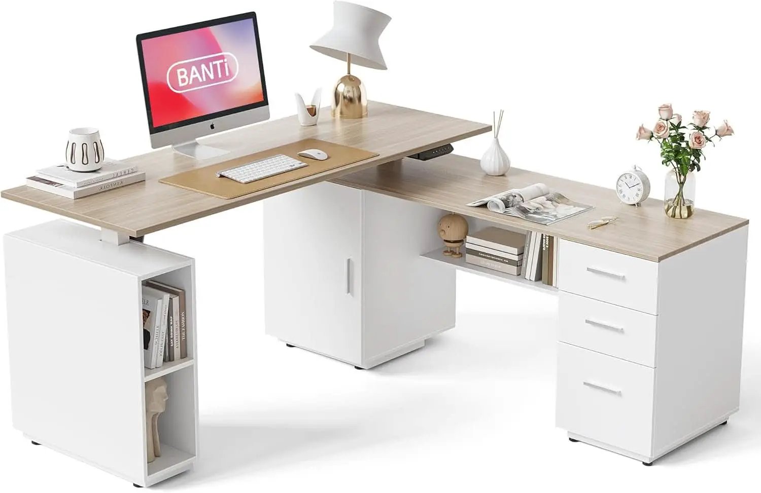 Height Adjustable L Shaped Electric Standing Desk With Storage from PriceLows™