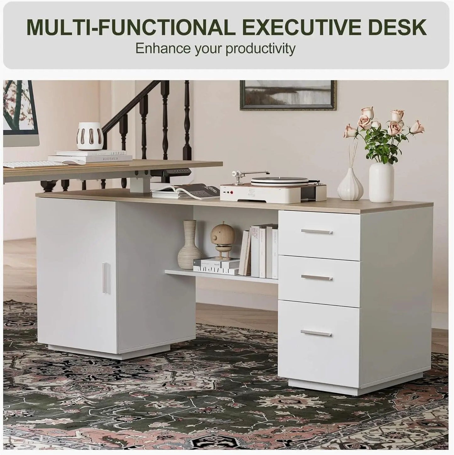 Height Adjustable L Shaped Electric Standing Desk With Storage from PriceLows™