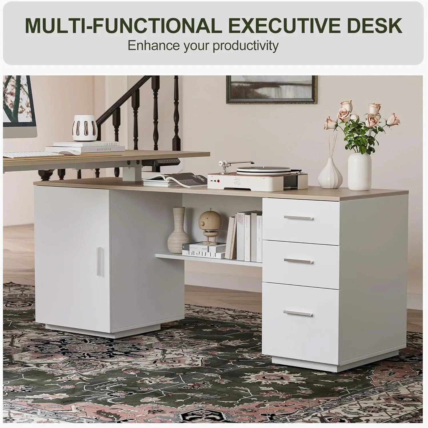 Height Adjustable L Shaped Electric Standing Desk With Storage from PriceLows™