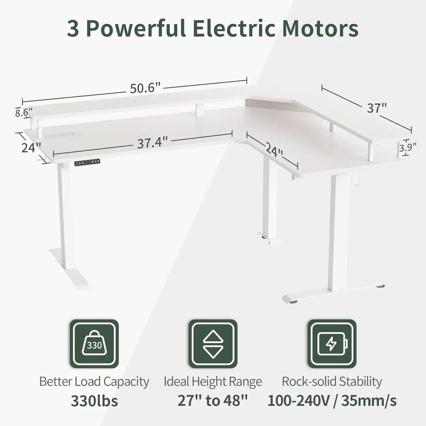 Height Adjustable L Shaped Standing Desk with Power Outlets from PriceLows™