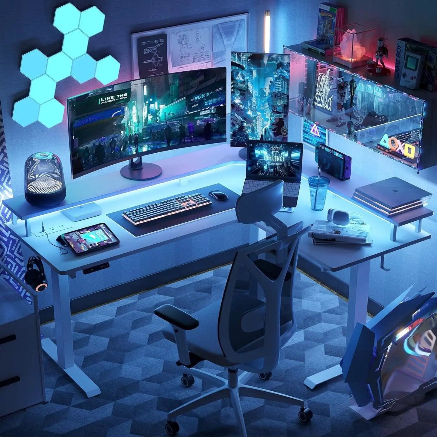 Height Adjustable L Shaped Standing Desk with Power Outlets from PriceLows™