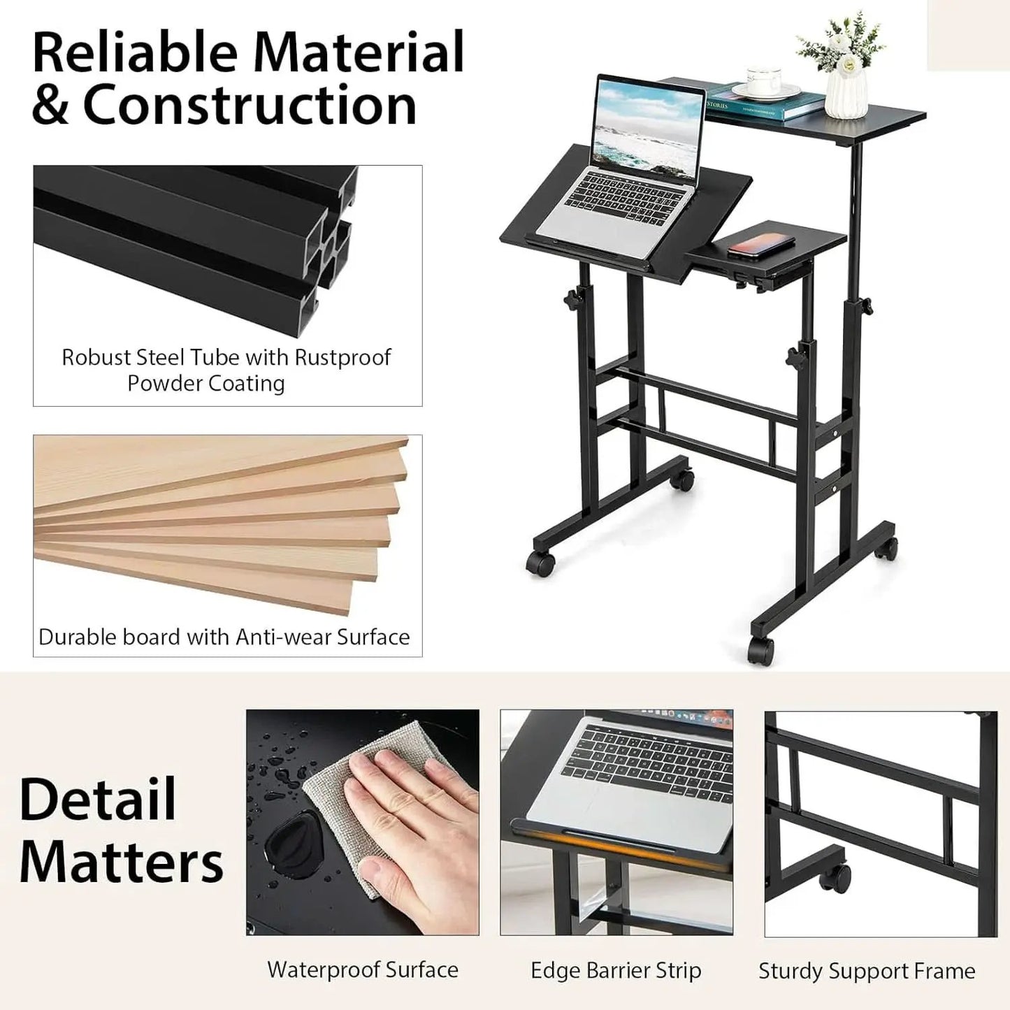 Height Adjustable Mobile Desk with Tilting Top and Wheels from PriceLows™