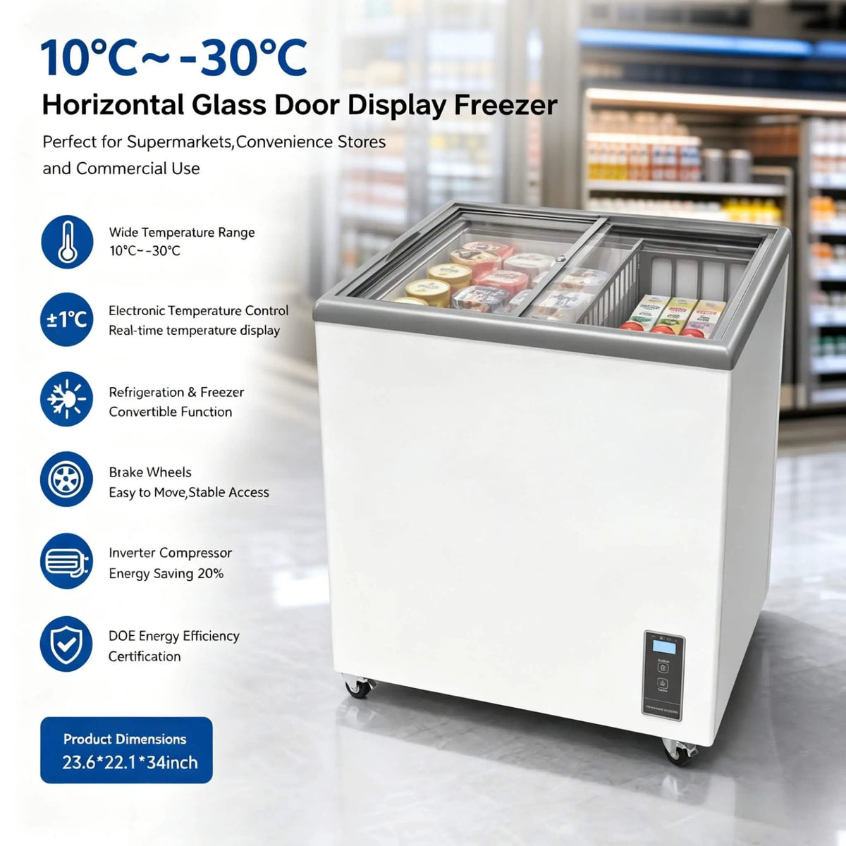 Commercial Display Chest Freezer | Sliding Glass Door | Variable-Frequency Compressor | High-Efficiency Cooling