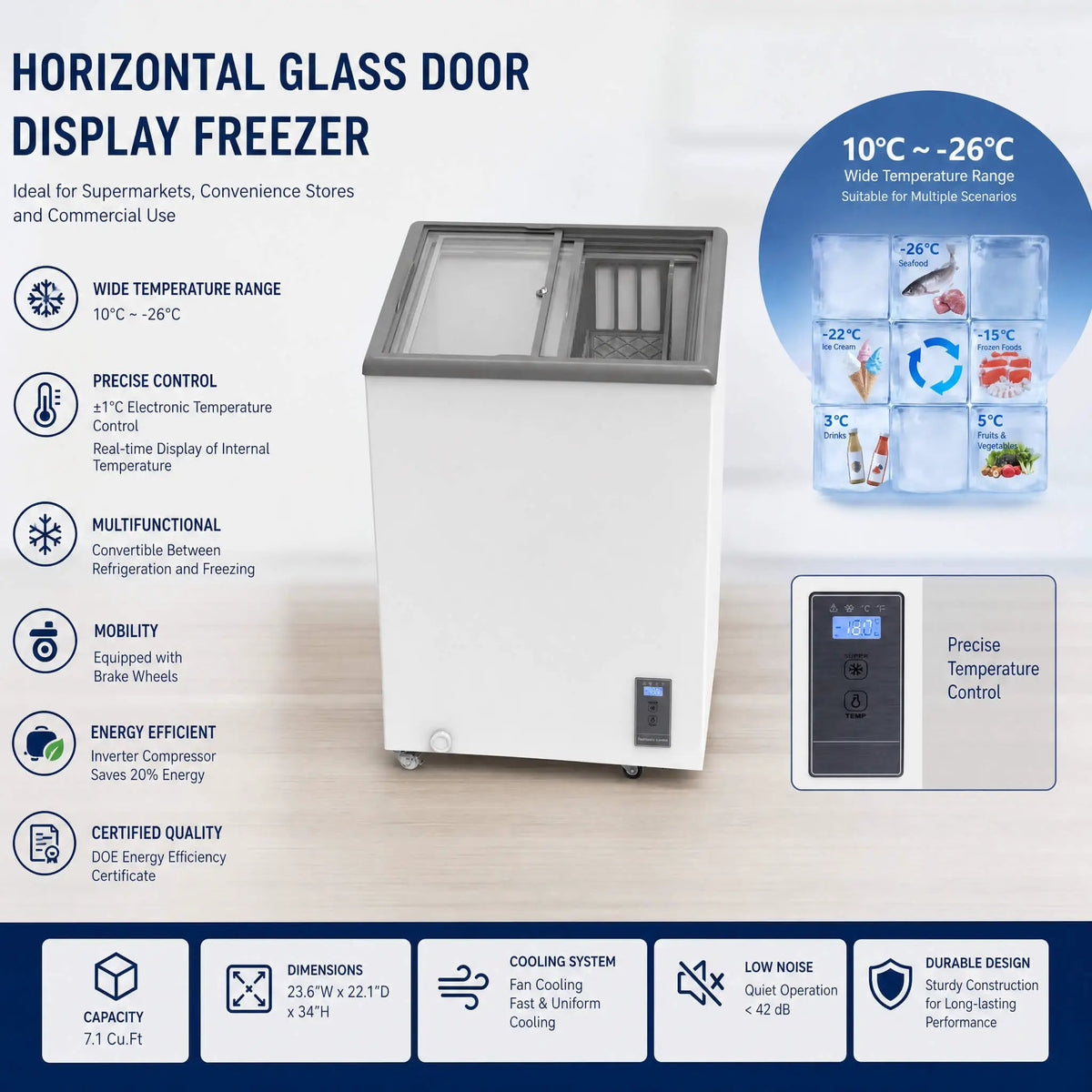 Commercial Display Chest Freezer | Sliding Glass Door | Variable-Frequency Compressor | High-Efficiency Cooling